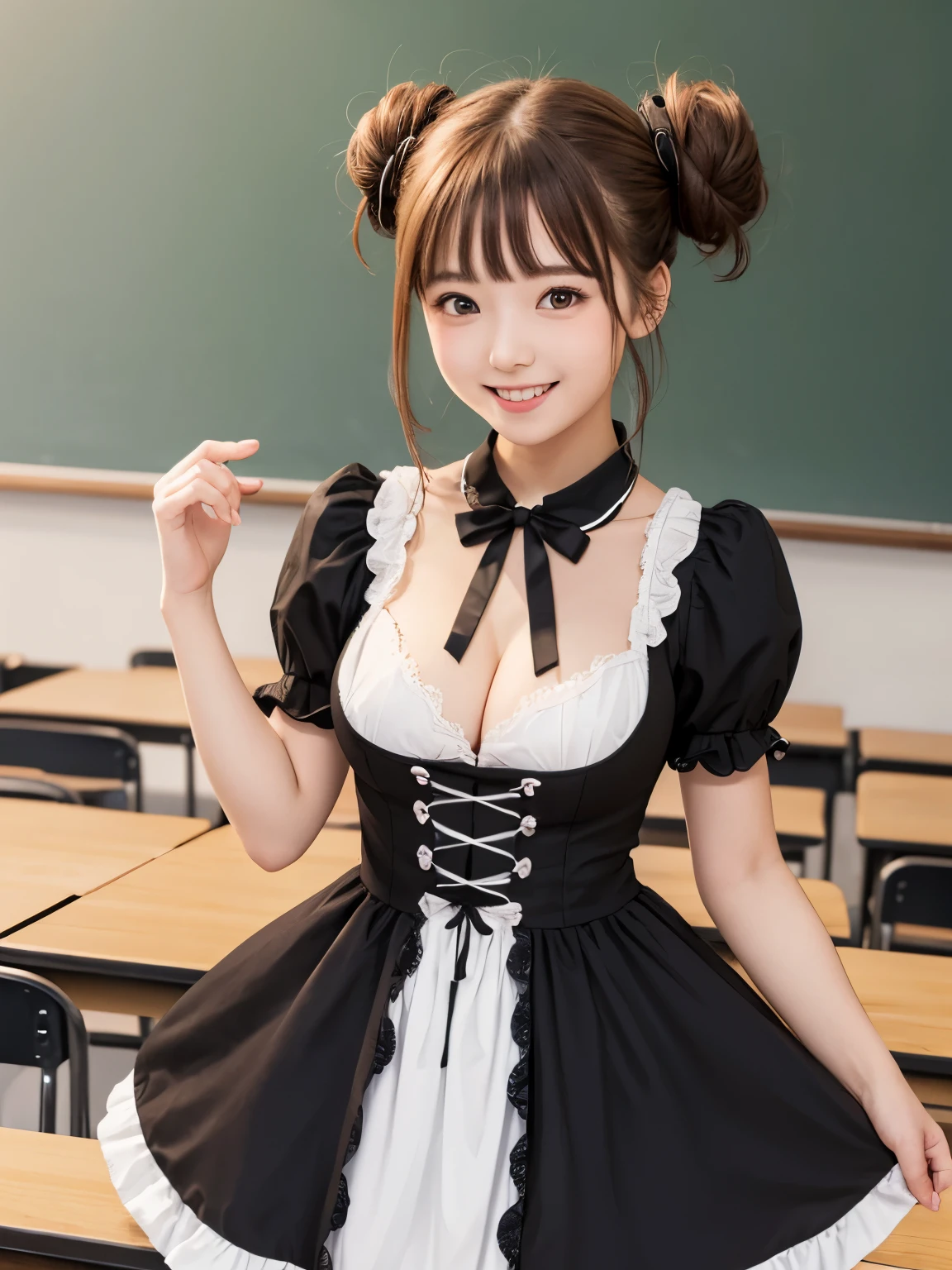 high quality,premium quality, cute stylish girl, C cup size breasts, upturned smile, black Double bun ahoge, cute ta dress, classroom, half body shot,f/1.8