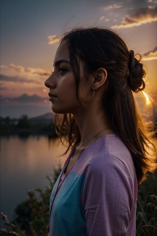 Sunset, evening glow, distant view, realistic, photography, hyper photorealistic, rich colors, gorgeous and colorful