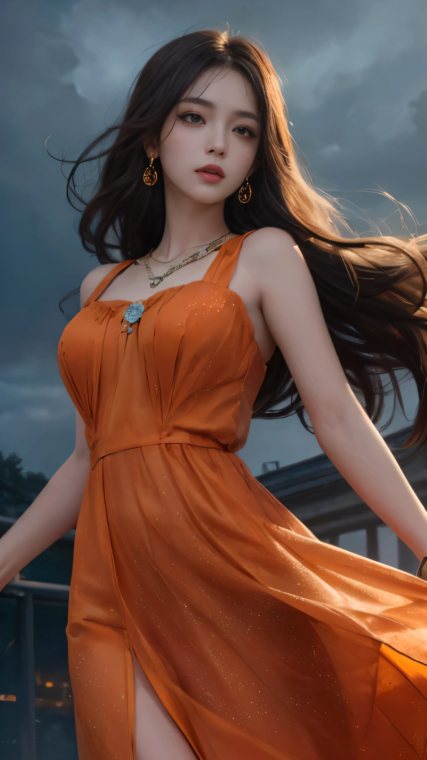8 thousand, Ultra HD, HD color, masterpiece, 1 girl, nice face, shining eyes, detailed lips, very long hair, (shake off the orange dress:1.5), (jewelry store:1.5), super artistic, cloudy sky background, morning, dark shadow,