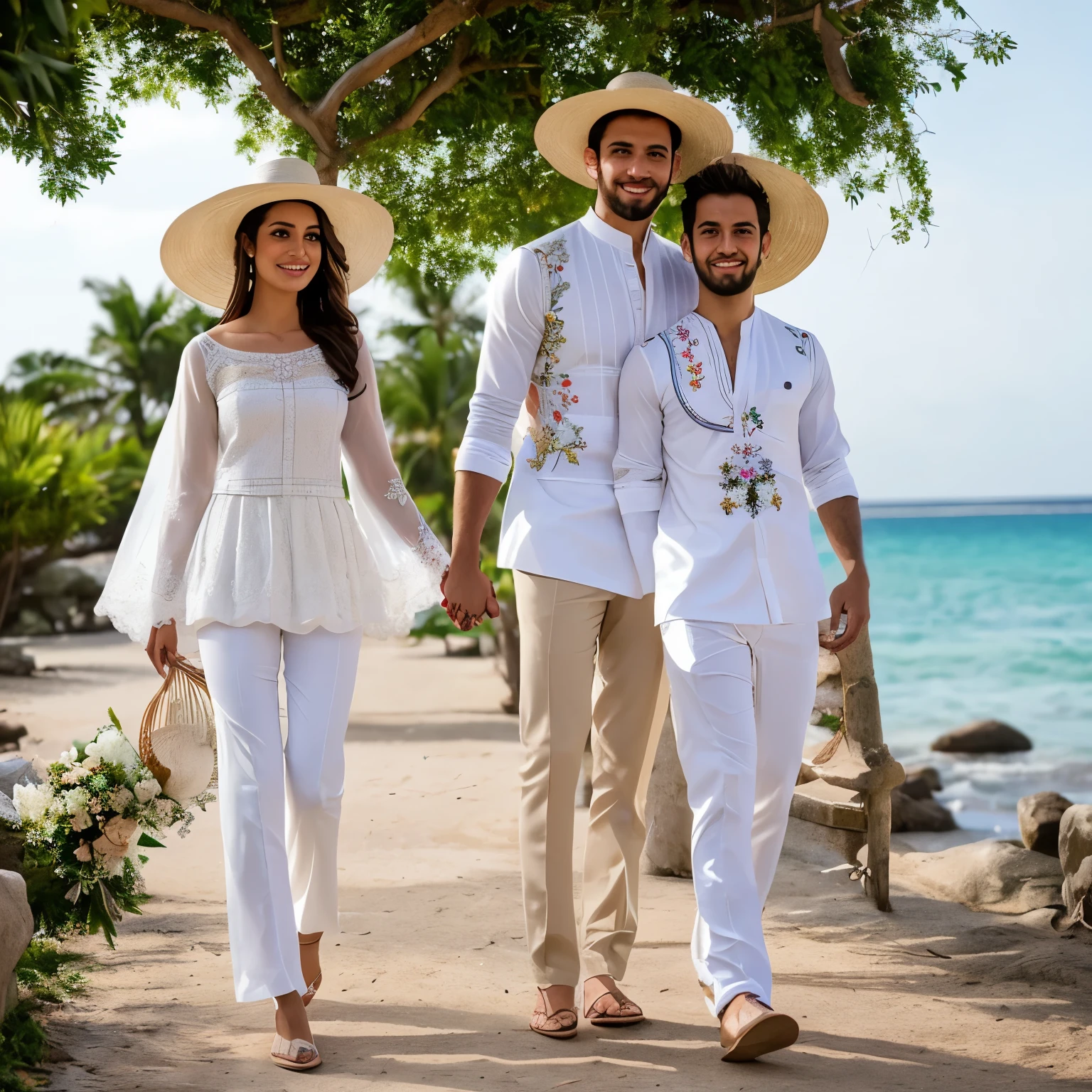 Pareja de novios tomados de la mano. The bride is dressed in a white terno that consists of a tunic with cross-stitch embroidery of flowers. And the groom is dressed in a white guayabera and white pants and a beige straw hat.
