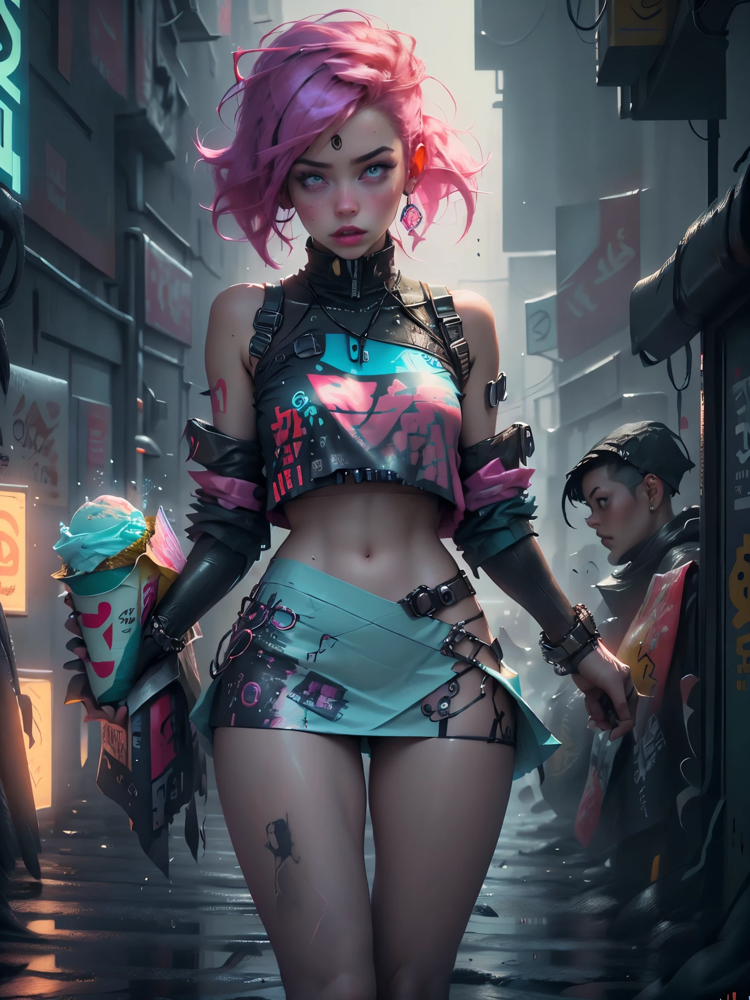 unreal engine:1.4, ultra realistic CG K, photorealistic:1.4, whole shot:1.4, skin texture:1.4, masterpiece:1.4,(( beautiful woman holding an ice cream and a balloon in the other hand, ornaments on her clothing and cyberpunk style hair, Cyberpunk style clothes in pink and cyan colors, Pink mini skirt: 1.5)), in the background a place with computers, neon lights.