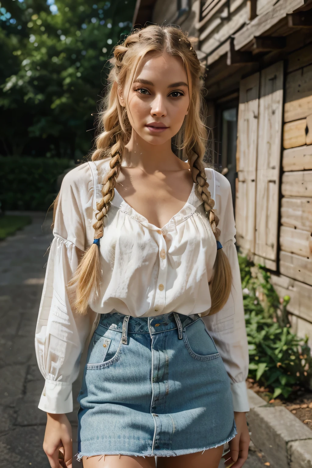 Photorealistic of a insanely beautiful woman with blonde french braids, in the style of panasonic lumix s pro 50mm f/1.4, light beige and dark azure, celebrity images mashups, soft realism, barbiecore, unreal engine 5, 32k uhd, luminous quality, swiss realism, niji 5, bit like kylie, denim skirt