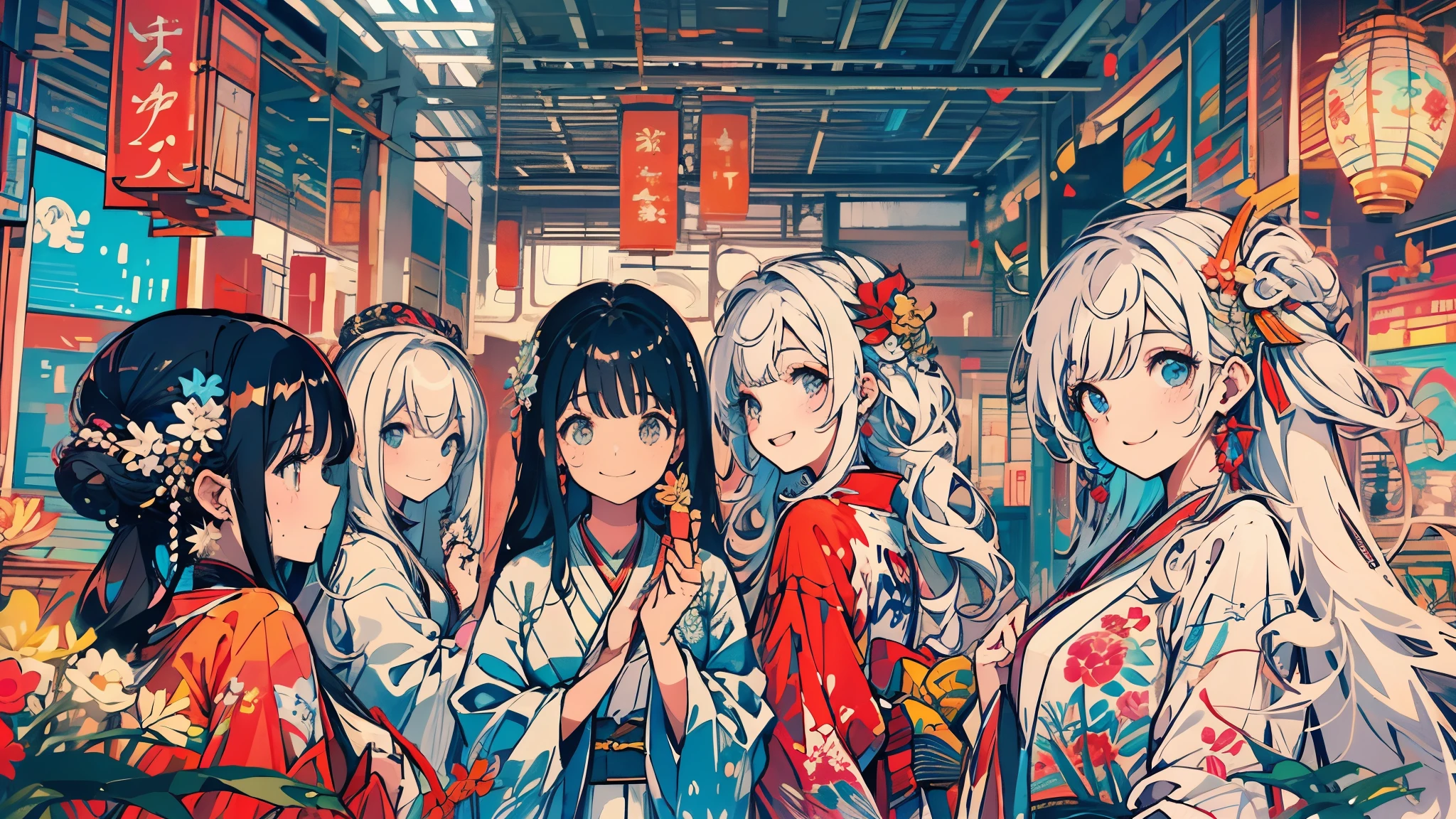 of the highest quality、obra maestra、chica anime、cabello rosado、sonrisa、parte superior del cuerpo、hermoso kimono、Las flores de cerezo bailan