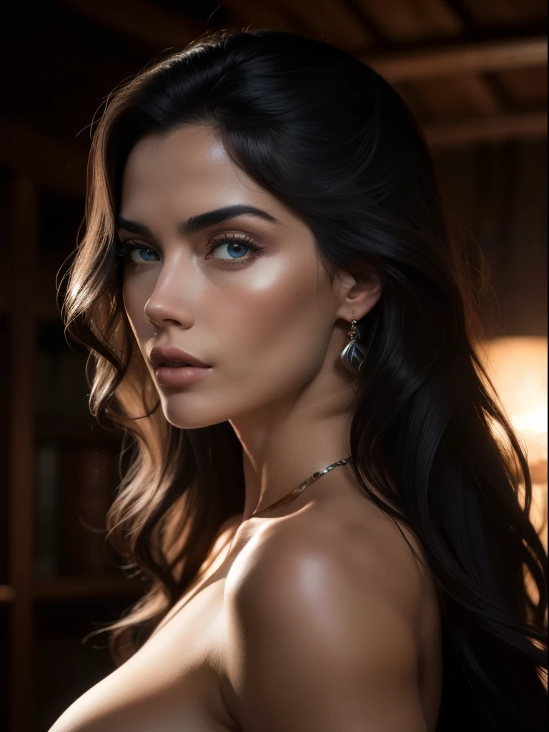 foto corpo inteiro, 1mulher (solo) fitness, rosto lindo, olhos claros brilhante, nariz fino, boca detalhada bonita, pele com textura realista, poros, wavy hair kind of messy, corpo musculoso, seios grandes, mamilos rosa, abdome definido aparente, coxas grossas, bumbum grande, partes do corpo nu, Chaotic medieval atmosphere, sujo, cinematic lighthing, lighting dramatic, imagem em 5 camadas, obra-prima, imagem ultra realista,
