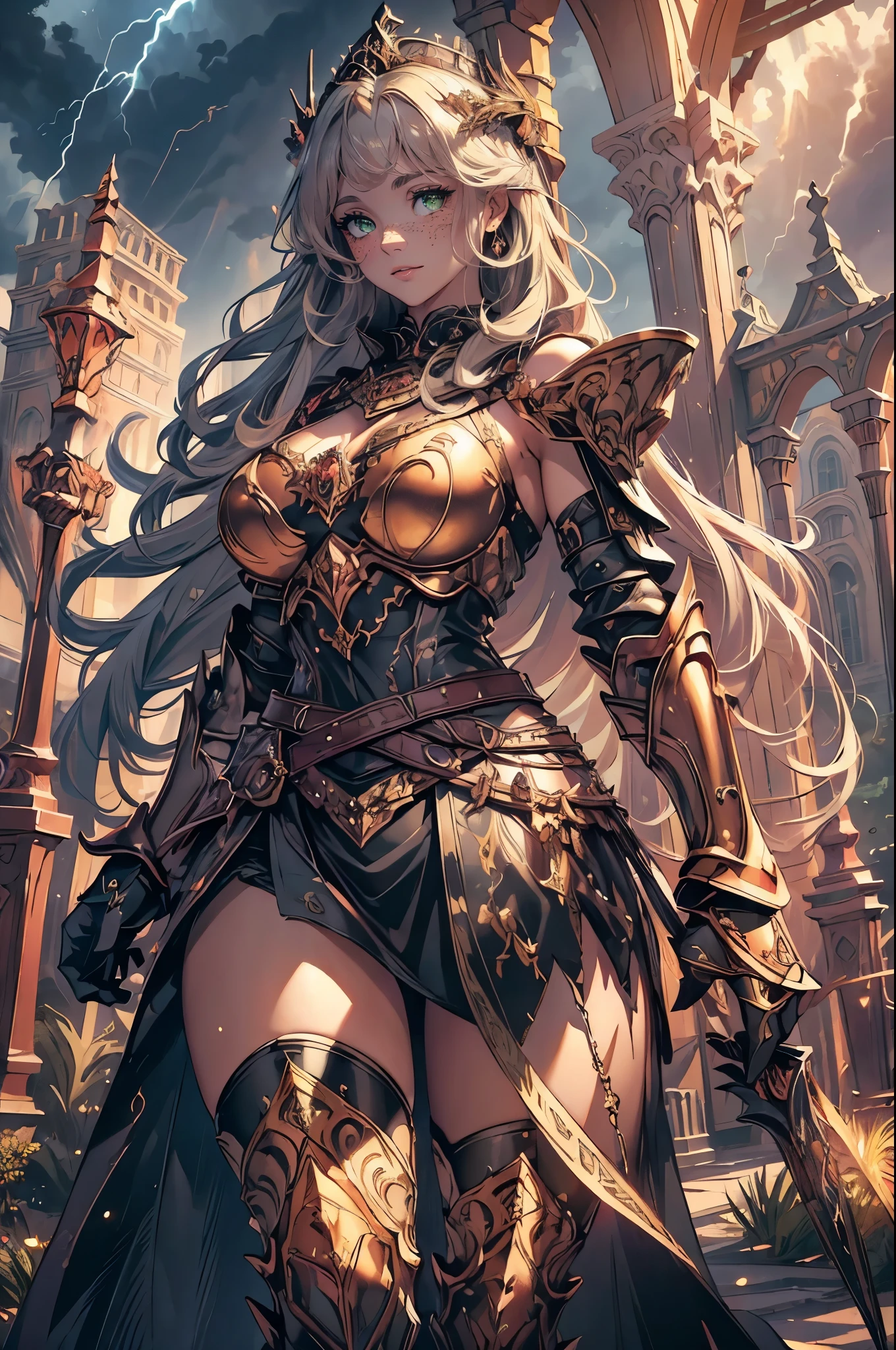 (best quality,highres,masterpiece:1.2),ultra-detailed,(realistic:1.37),woman,female goddess,goddess of thunder,thunder power,energy around her body,thunder around her body,beautiful detailed eyes,beautiful detailed lips,long eyelashes,flowing golden hair,glowing skin,metallic armor,majestic pose,intense gaze,stormy dark clouds,flashes of lightning,sparks,dramatic atmosphere,divine aura,celestial symbols,heavenly glow,colorful energy,crackling electricity,striking visual effects,powerful stance,embodying strength and beauty,mythical presence,weather manipulation abilities,force of nature,awe-inspiring,transcendent,otherworldly,commanding attention,illuminating darkness,background of a stormy sky,electric blue and purple shades, dynamic lighting, spiraling winds,imposing yet graceful silhouette,thunderbolts,empowering and captivating the viewer,an artwork fusing mythology and reality, Breastplate/Chestplate (Chainmail or Plates), Shoulder Guards, Arm Guards/Bracers, Elbow Guards, Gauntlets, Tasset, Leg Guards/Greaves, Knee Guards, Foot Greaves, Gambeson, Straps and Belts, ,(best quality,ultra-detailed,realistic:1.37),portrait,girl with a crown on her head,beautiful detailed eyes,beautiful detailed lips,long eyelashes,sparkling tiara,royal purple dress,regal pose,graceful hand gesture,shimmering gold accents,soft lighting,vibrant colors,garden background,flowers in bloom,serene and elegant ambiance,natural sunlight streaming through the trees
