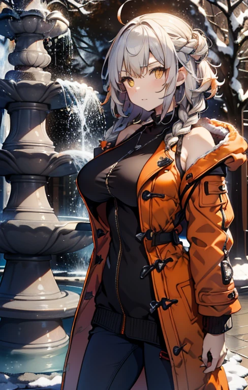 (3D Animation:1.3),(Realistic raw photos),(((In front of the fountain in the snowy park:1.3))),cute and beautiful adult woman,Cute round face,Cute smile,(((orange short duffel coat:1.3))),(white off-shoulder sweater),Jeans pants,Knitted hats,muffler,gloves,long boots,(silver white hair,Floral braided headband,half up、Floral Braided Space Van,Voluminous Fishtail Braids,Twisted chignon,),(Bangs are see-through bangs),(((Emphasize large breasts:1.3))),breast slip,detailed clothes features,Detailed hair features,detailed facial features,(Dynamic angles),(Dynamic and sexy poses),profetional lighting,Cinematic Light,(masutepiece,top-quality,Ultra-high resolution output image,) ,(The 8k quality,),(Sea Art 2 Mode:1.3),(Image Mode Ultra HD,)