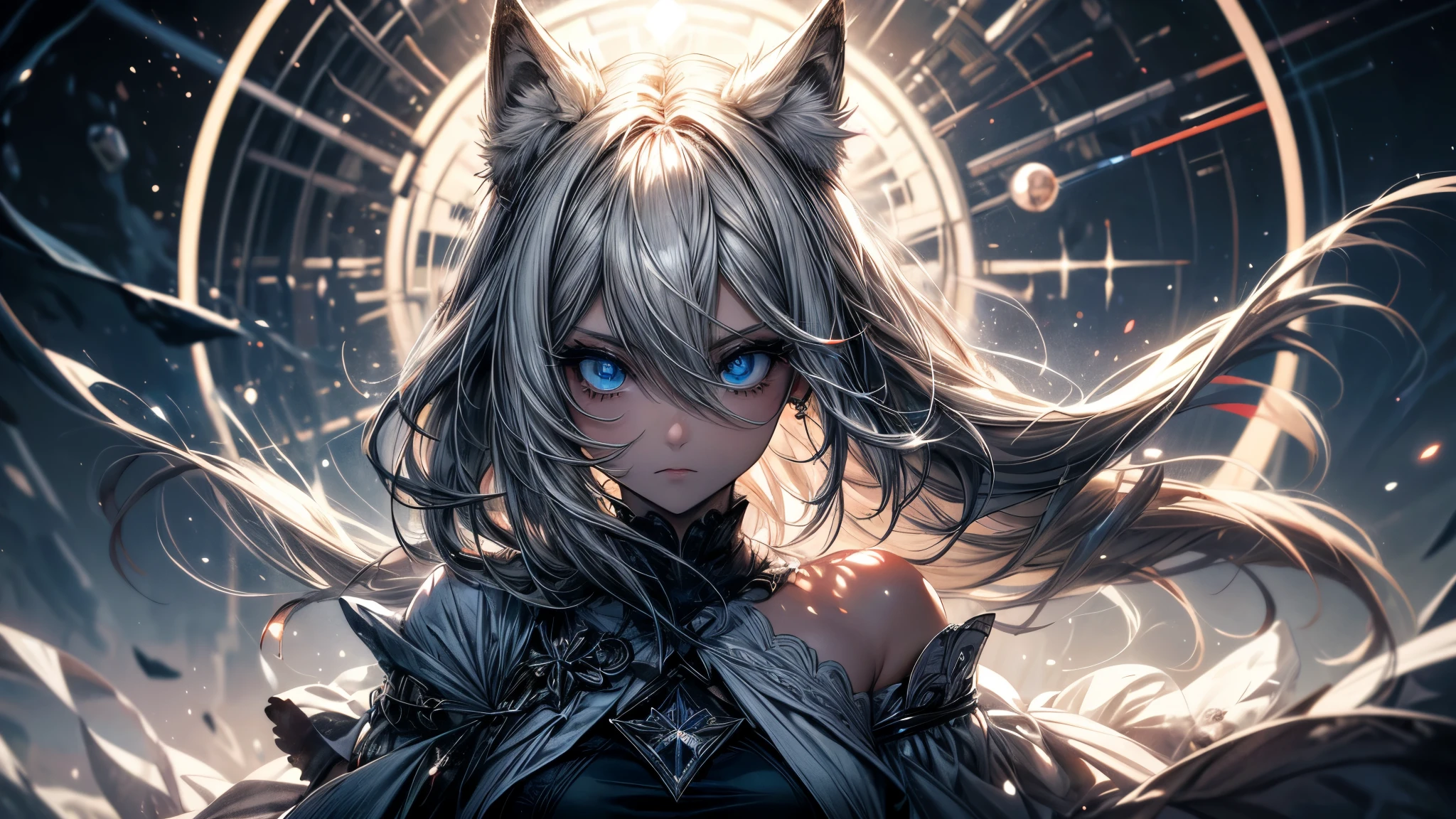obra de arte, mejor calidad, ((( un enorme lobo blanco al lado de la chica que tiene cara de enojo))), elegante, 1 chica, orejas de lobo, cauda de lobo, lindo, Enrojecido, mirando al espectador, desde arriba, pelo rubio ondulado, minifalda, camiseta a rayas blancas y negras, ojos azules, hermosos ojos, hermoso fondo, light particles, Rayos solares, dramatic lighting, afuera, brillante, realista, obra de arte, mejor calidad, ultra-detallado, detallado, scenario, beautiful detallado eyes, detallado hair, cuerpo entero