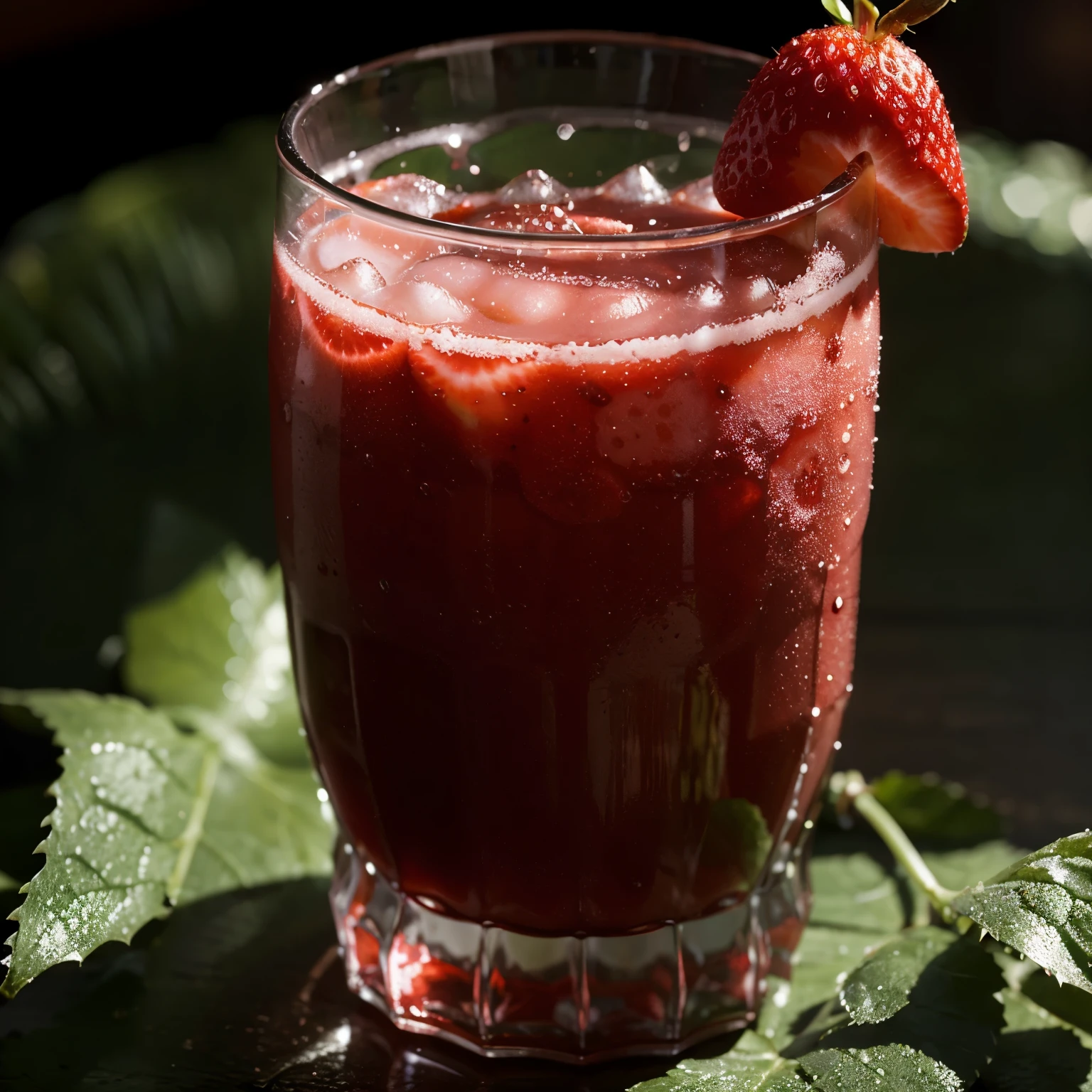 A palstic glass of strawberry drink, cold with dew above glass cover. There is logo at glass that fresh drink