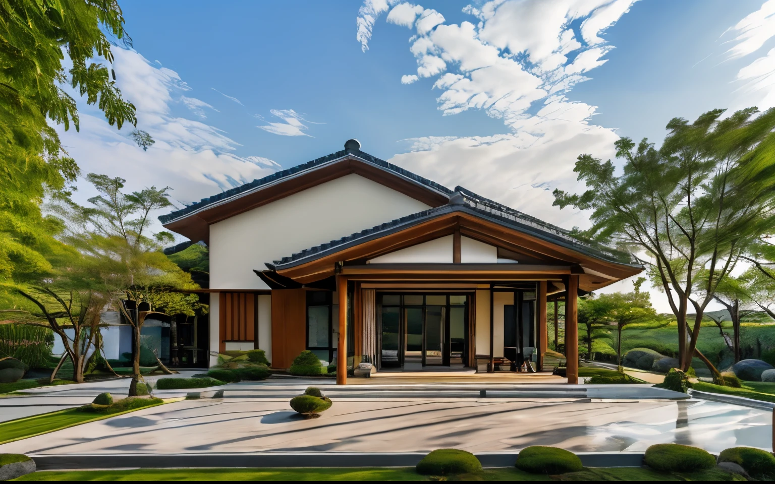 Architectural style, ((Japanese Style House)), (masterpiece), ((best quality)), 3ArchiAI_countryvilla, Exterior of house, scenery, real world location, dramatic lighting, high quality outdoors, tree, cloud, morning sunlight, blue sky, high resolution, super realistic, Photorealistic, highly detailed