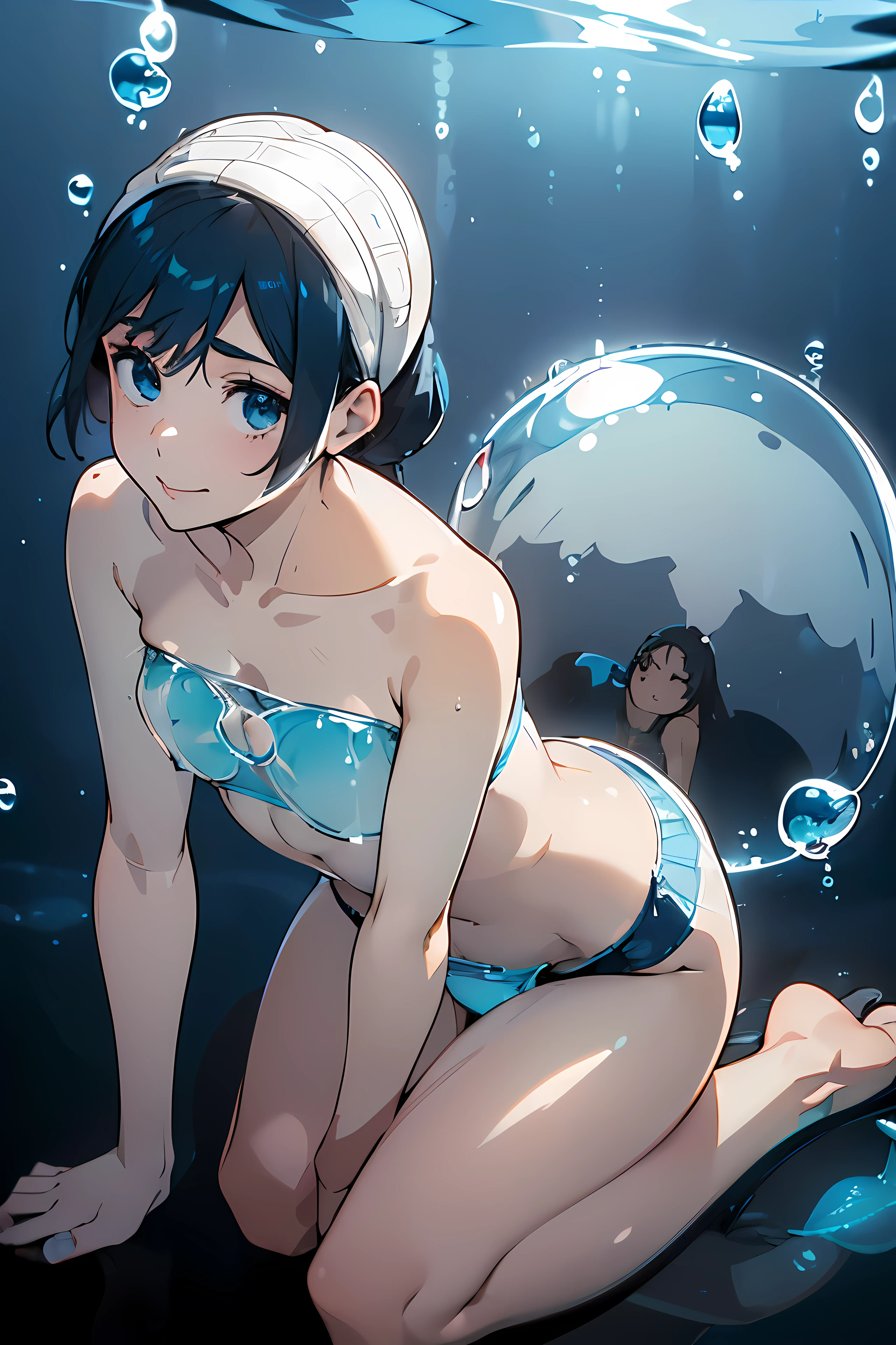(In 8K, highest quality, table top:1.2), highest quality, 超A high resolution、dazzling light, small small breasts、smooth skin、1 girl、(beautiful girl:1.5 )、(To the sea、blue background、dark background:1.5)、submerged、underwater、(strapless bra、bare shoulders、Transparent Water Bubble Bra:1.8)、(Transparent water bubble panties:1.8)、(Cloak of transparent water bubbles、Transparent Water Bubble Waist Cloak)、erect nipples
、camel toe、pubic hair、(swim in the water)、(beautiful background:1.5)、no gravity、full body、(Landscape 1.3)、From the side、(fetal position 1.3)、shining light、(Detailed large round breasts:1.3)、(cleavage)、middle hair、straight hair、bangs、smile、jellyfish、jellyfish、jellyfish