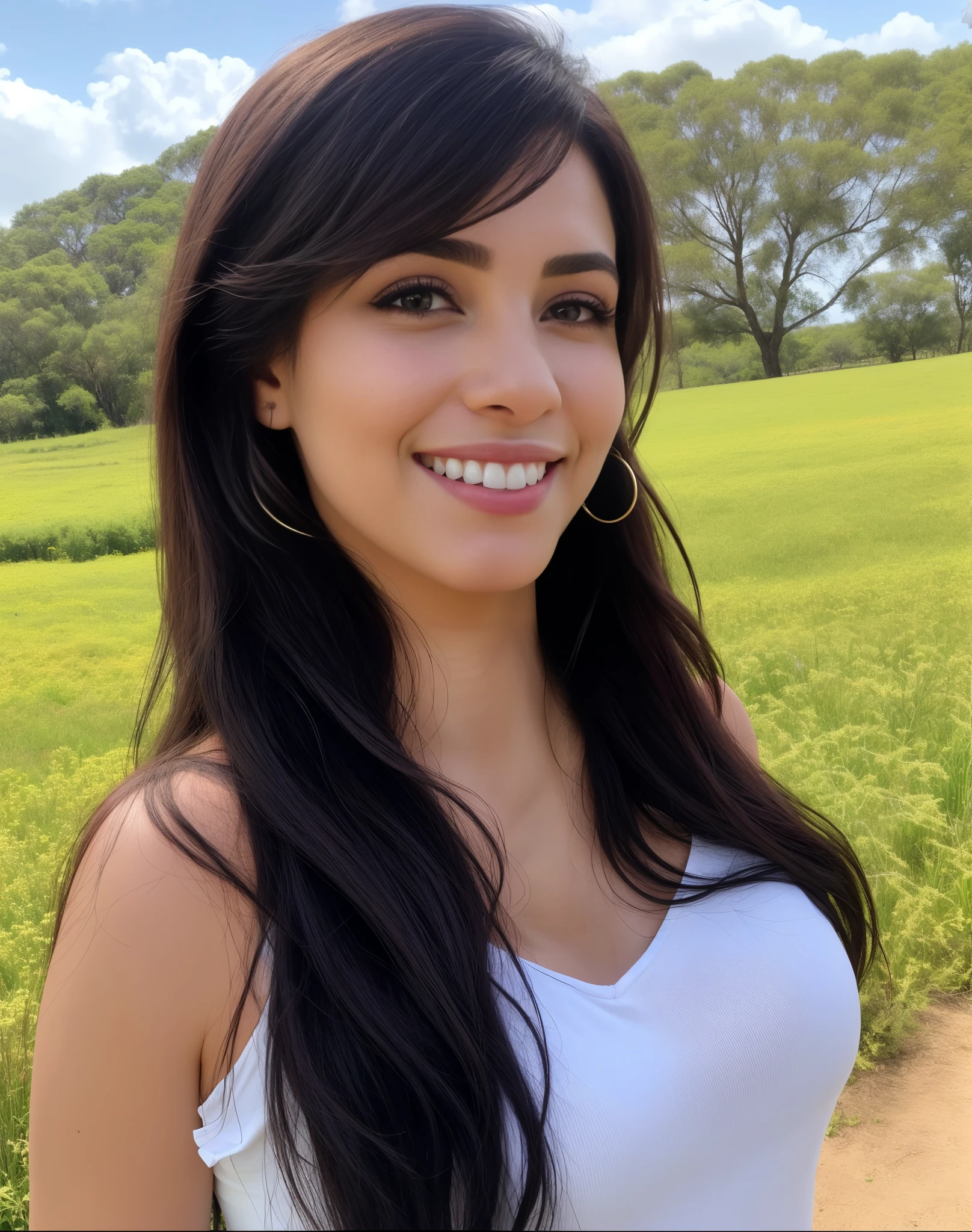 smiling woman in a white dress standing in a field with a cow, Alanis Guillen, fernanda suarez, Mulher de 30 anos de Cuba, Violeta Myers, Julia Fontes, Karla Ortiz, malika favre, lindo rosto latina, Marischa Becker, parece a Laura Barriales, looks like fabiula nascimento, linda e sorridente