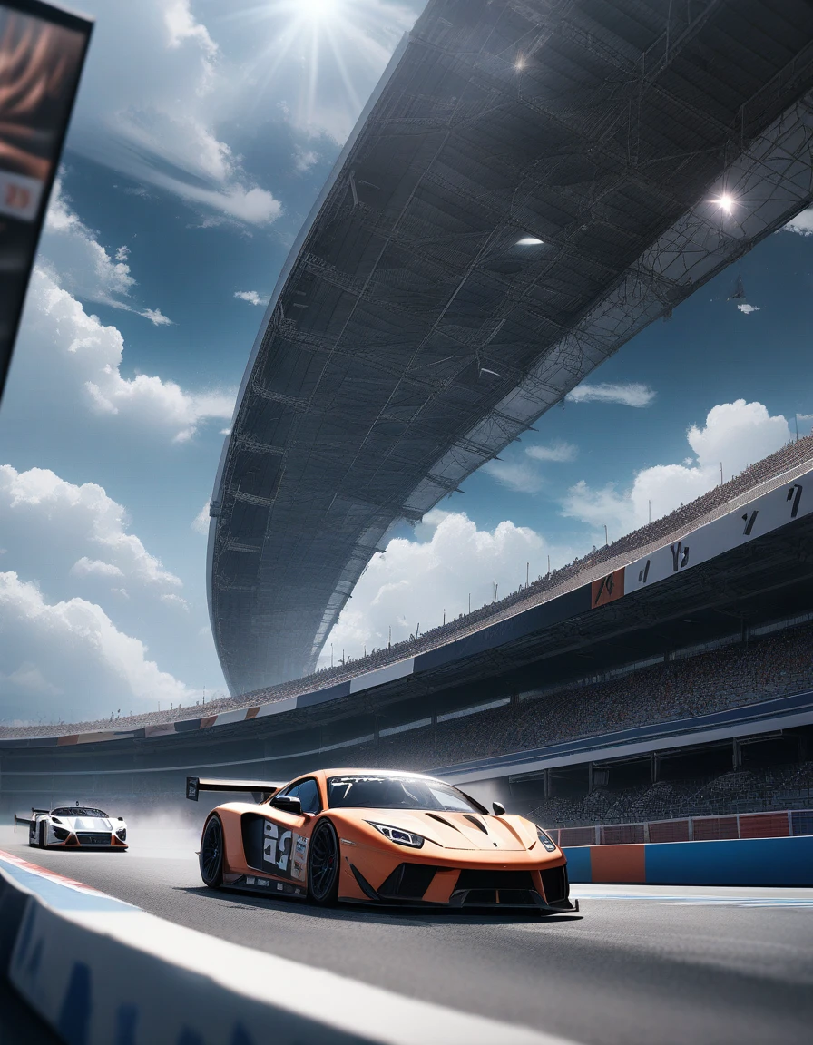1girl, Racing Car, aesthetic, extremely detailed, masterpiece, best quality, very aesthetic, absurdres, Two cars, thrilling starting line drag race at the car race track, thunderclouds, dramatic detailed clouds, meticulously hyperdetailed fantasy photo with breathtaking intricate details, by WETA FX and industrial light and magic, intricate elaborate RTX enhanced CGI render