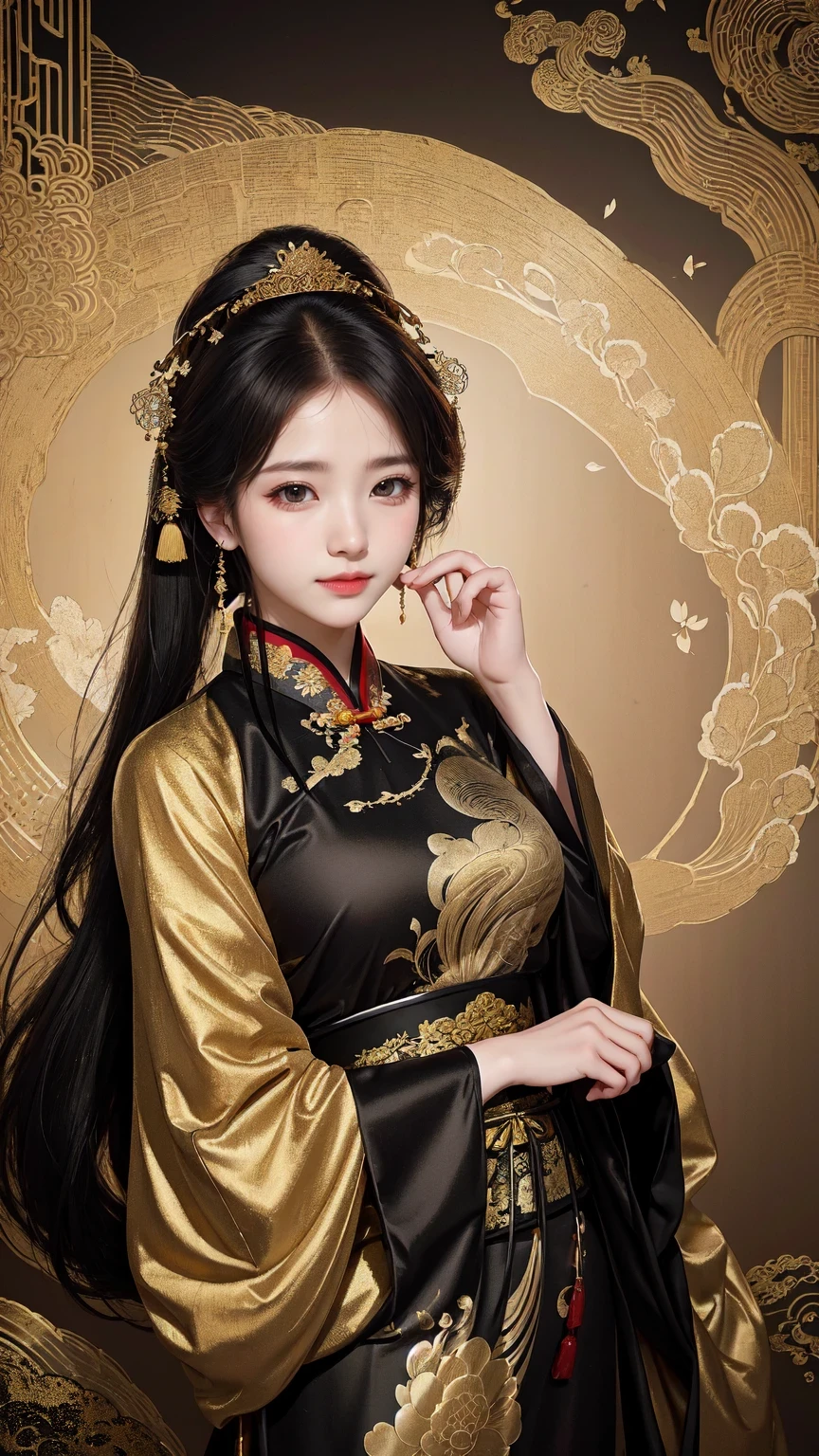 A woman in a black and gold dress posing for a photo, cheongsam, cheongsam, Paired with ancient Chinese costumes, Hanfu, Chinese style, Chinese traditional, Chinese traditional clothing, beautiful fantasy queen, Chinese girl, In line with ancient Chinese aesthetics, hanfu, traditional beauty, Wearing ancient Chinese clothes, Gorgeous Chinese model, Wearing fancy clothes, chinese woman