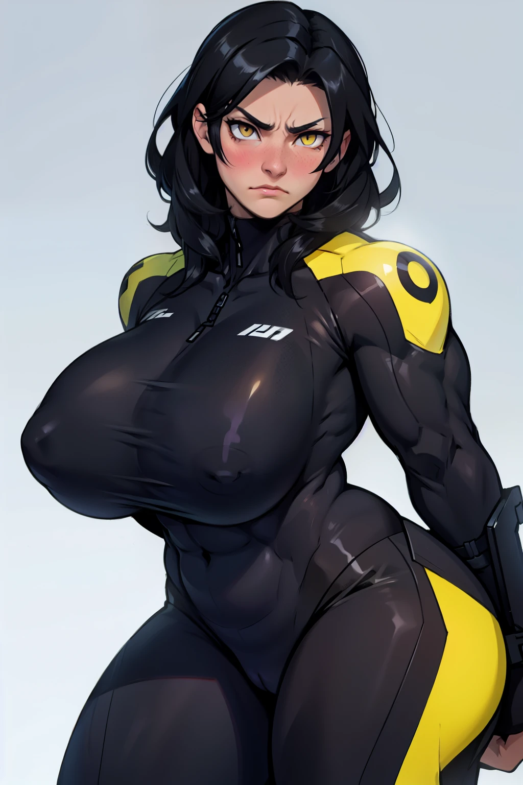 a muscular woman black hair yellow eyes pale skin frown blush big breasts