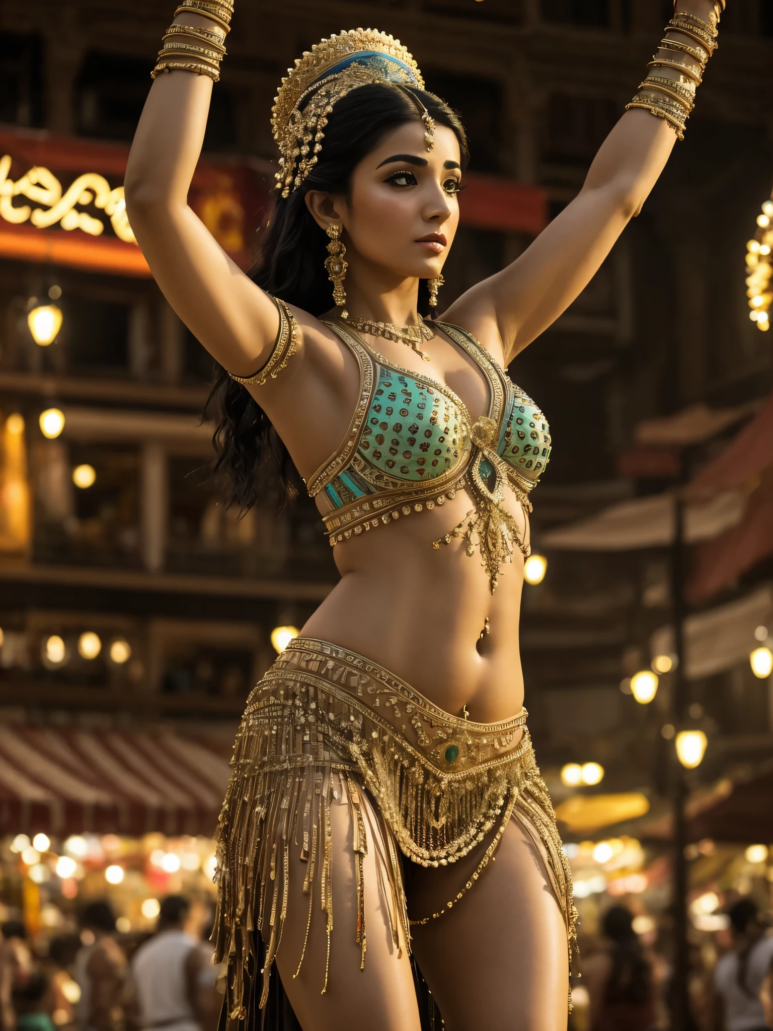 RAW, Best quality, high resolution, masterpiece: 1.3), Beautiful belly dancer in vibrant costume, Masterpiece: 1.3, Enchanting belly dancer, Masterpiece, Wide-legged stance, Knees bent, Hip drop, Dynamic lighting, Cinematic shot, 75mm, Technicolor, Panavision, Cinemascope, Sharp focus, Fine details, 8k, HDR, Realism, Realistic, Key visual, Film still, Cinematic color grading, Depth of field

A stunning belly dancer stands in the heart of a vibrant marketplace, her wide-legged stance and bent