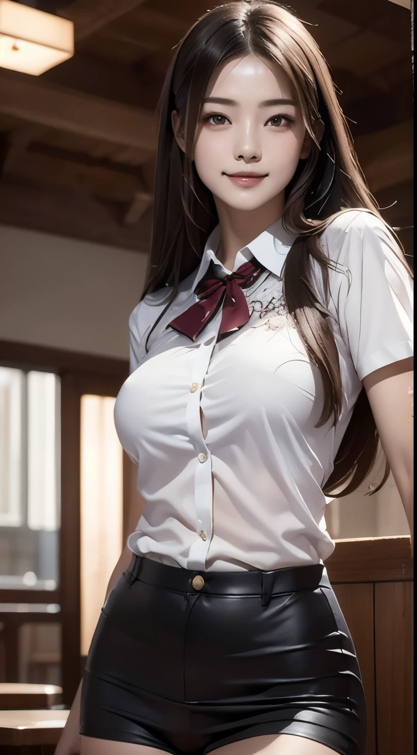 realistic, table top, highest quality, RAW photo, 1 girl, alone, long hair, brown hair, detailed face, fascinating face, sad smile、From the thighs up、collared shirt, medium breasts, dynamic pose, looking at the viewer, from below, detailed background, Detailed, intricate details,  ray tracing, Depth of the bounds written, low key, nffsw