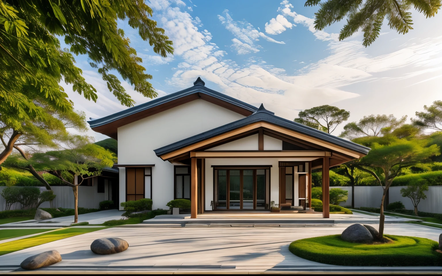 Architectural style, ((Japanese Style House)), (masterpiece), ((best quality)), 3ArchiAI_countryvilla, Exterior of house, scenery, real world location, dramatic lighting, high quality outdoors, tree, cloud, morning sunlight, blue sky, high resolution, super realistic, Photorealistic, highly detailed