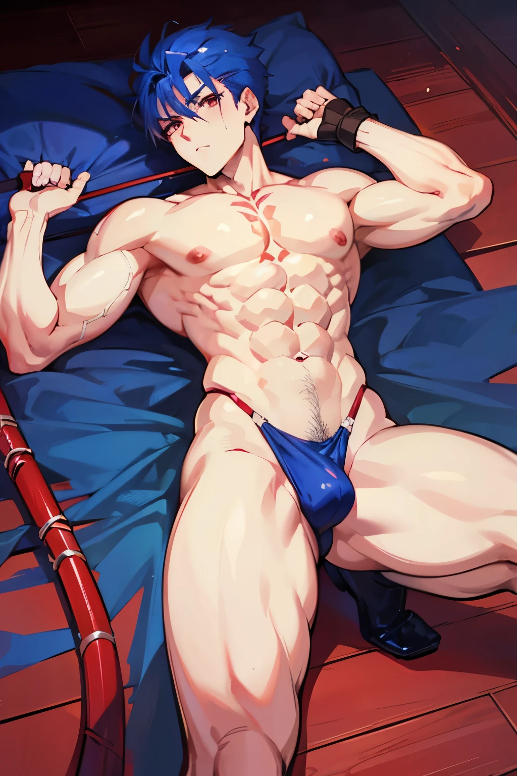 cu chulainn (fate),  is ready to get pounded, 1boy, male focus, testicles, solo, erection, penis, muscular male, nipples, pectorals, bara, muscular, lying, nude, thighs, on back, blue hair, thick thighs, short hair, large pectorals, blush, ass, anus, abs, red eyes, cu chulainn (fate/stay night),