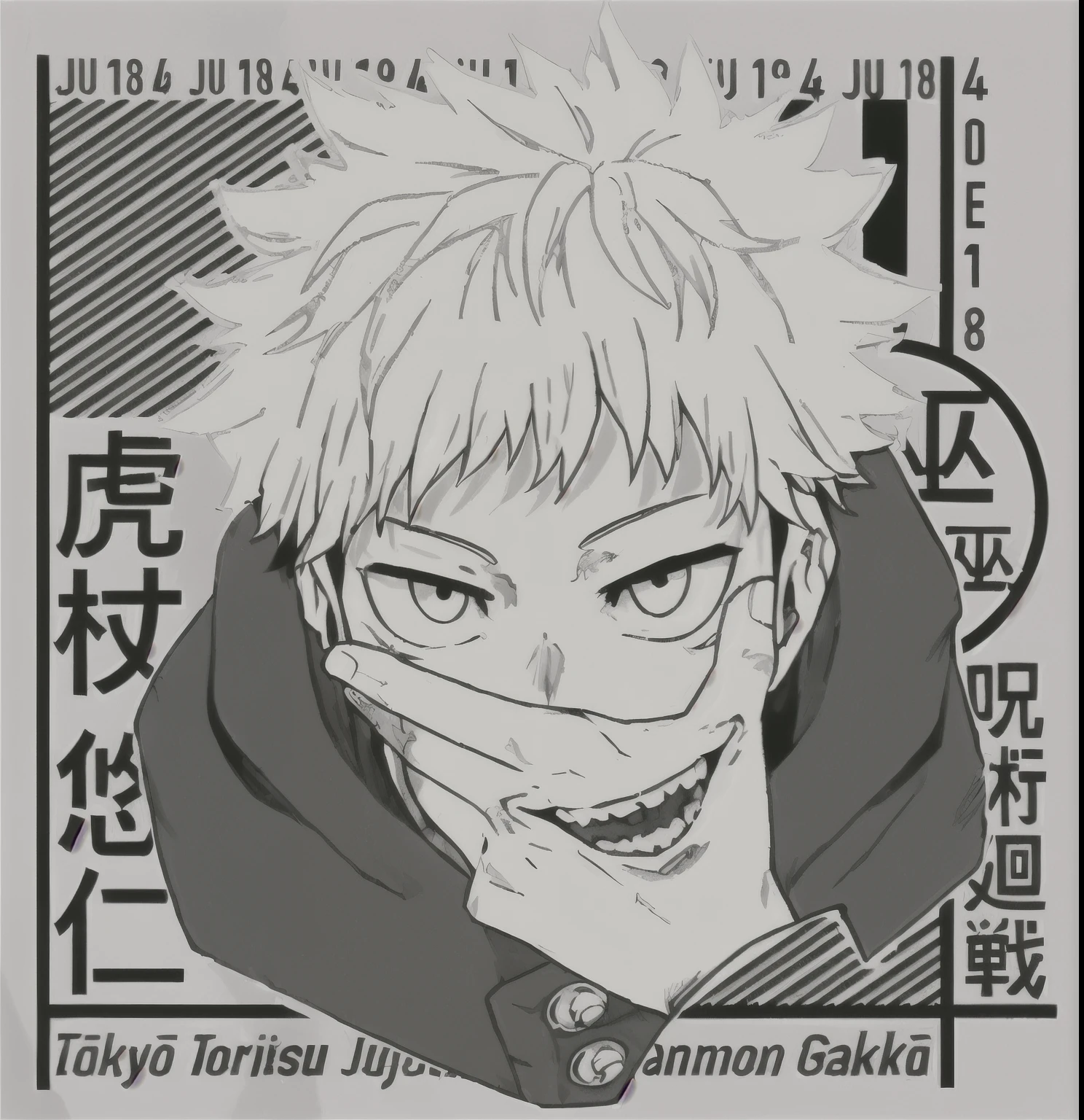 anime character with a black and white background and a black and white image, kaisen jujutsu, itadori, joker looks , inspired by Kamisaka Sekka, official art,, anime cover, otaku gangasta, manga art style