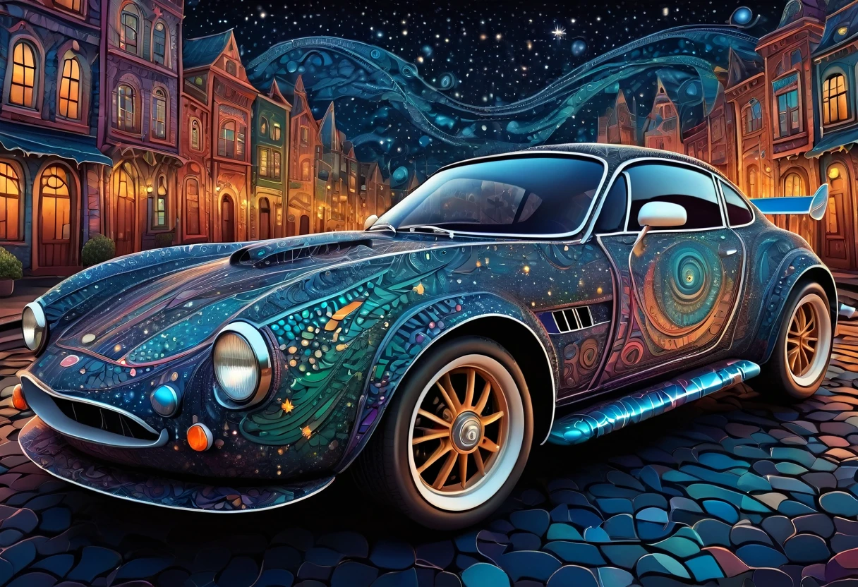 (best quality, highres, ultra sharp), magical ,cute racing car, in the city, magical zentangle printed car, full colored, dark tones, night, starry sky,
