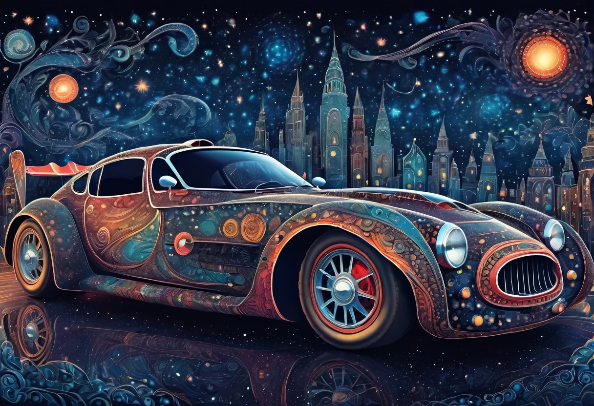 (best quality, highres, ultra sharp), magical ,cute racing car, in the city, magical zentangle printed car, full colored, dark tones, night, starry sky,