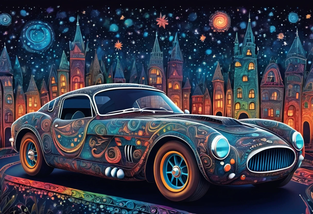 (best quality, highres, ultra sharp), magical ,cute racing car, in the city, magical zentangle printed car, full colored, dark tones, night, starry sky,