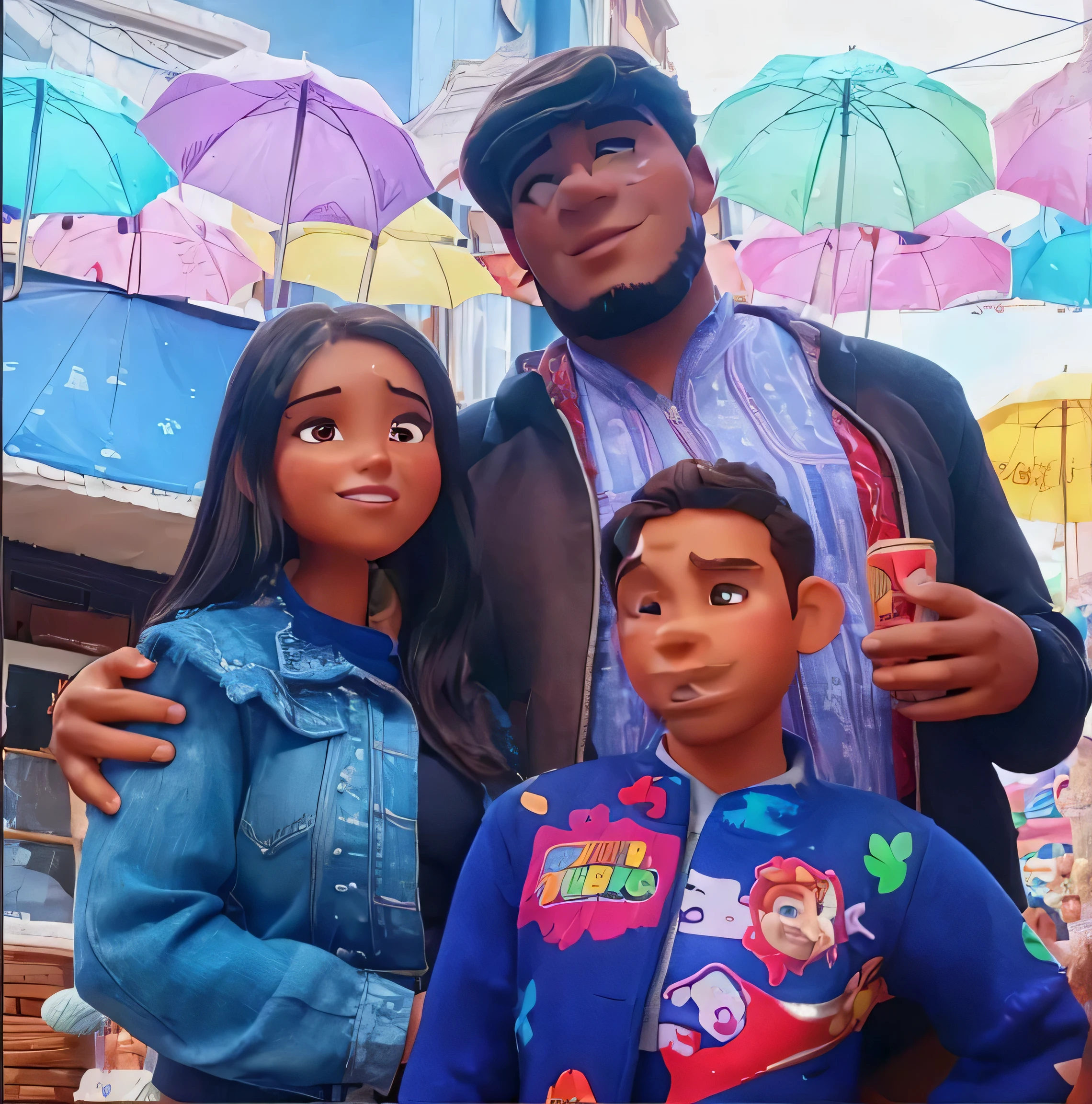 Mujer de mediana estatura de piel canela, hombre alto de piel morena macizo con boina, chico de piel bronceada, Estilo Pixar, mejor calidad, alta calidad
