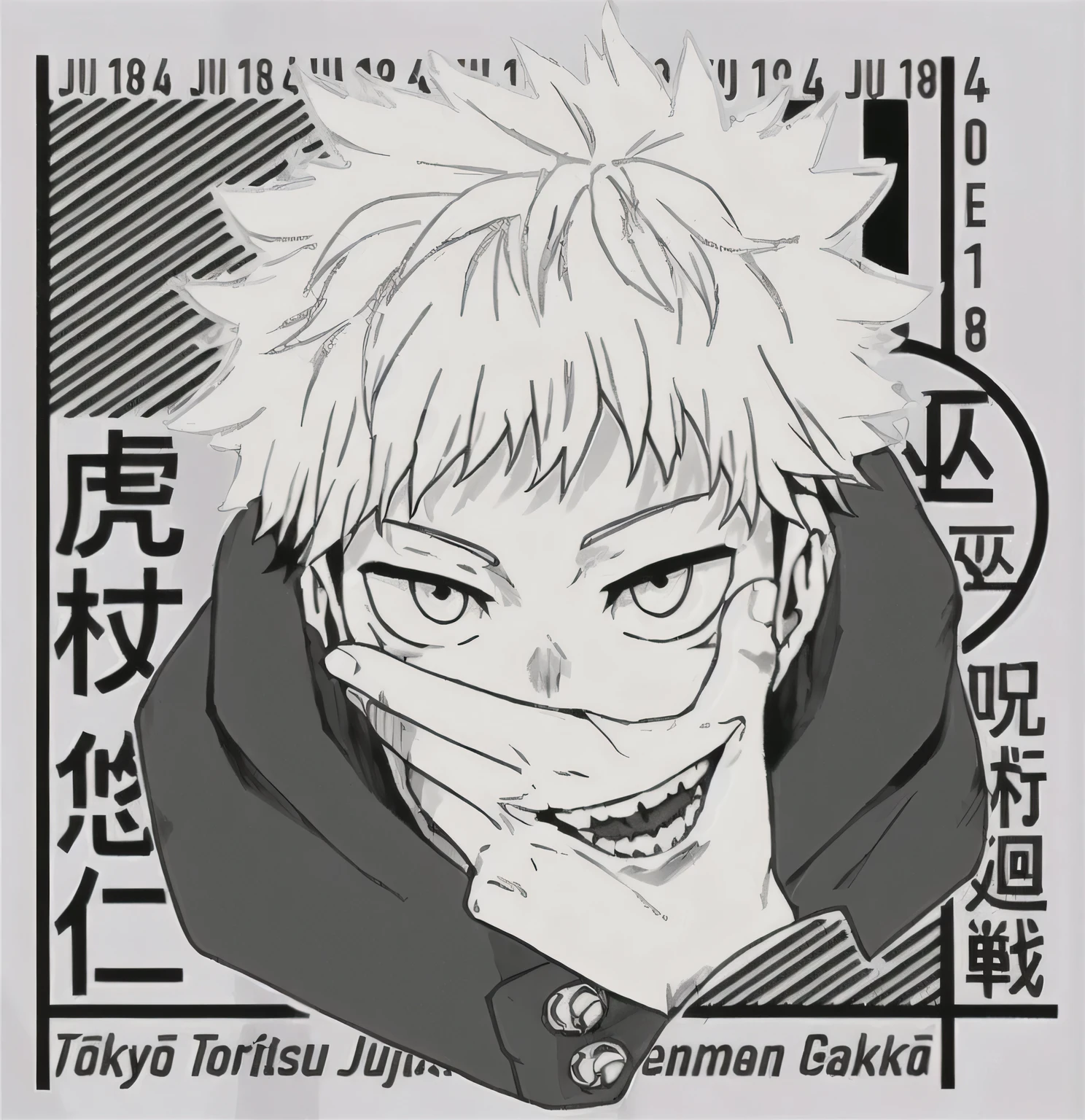 anime character with a black and white background and a black and white image, kaisen jujutsu, itadori, joker looks , inspired by Kamisaka Sekka, official art,, anime cover, otaku gangasta, manga art style