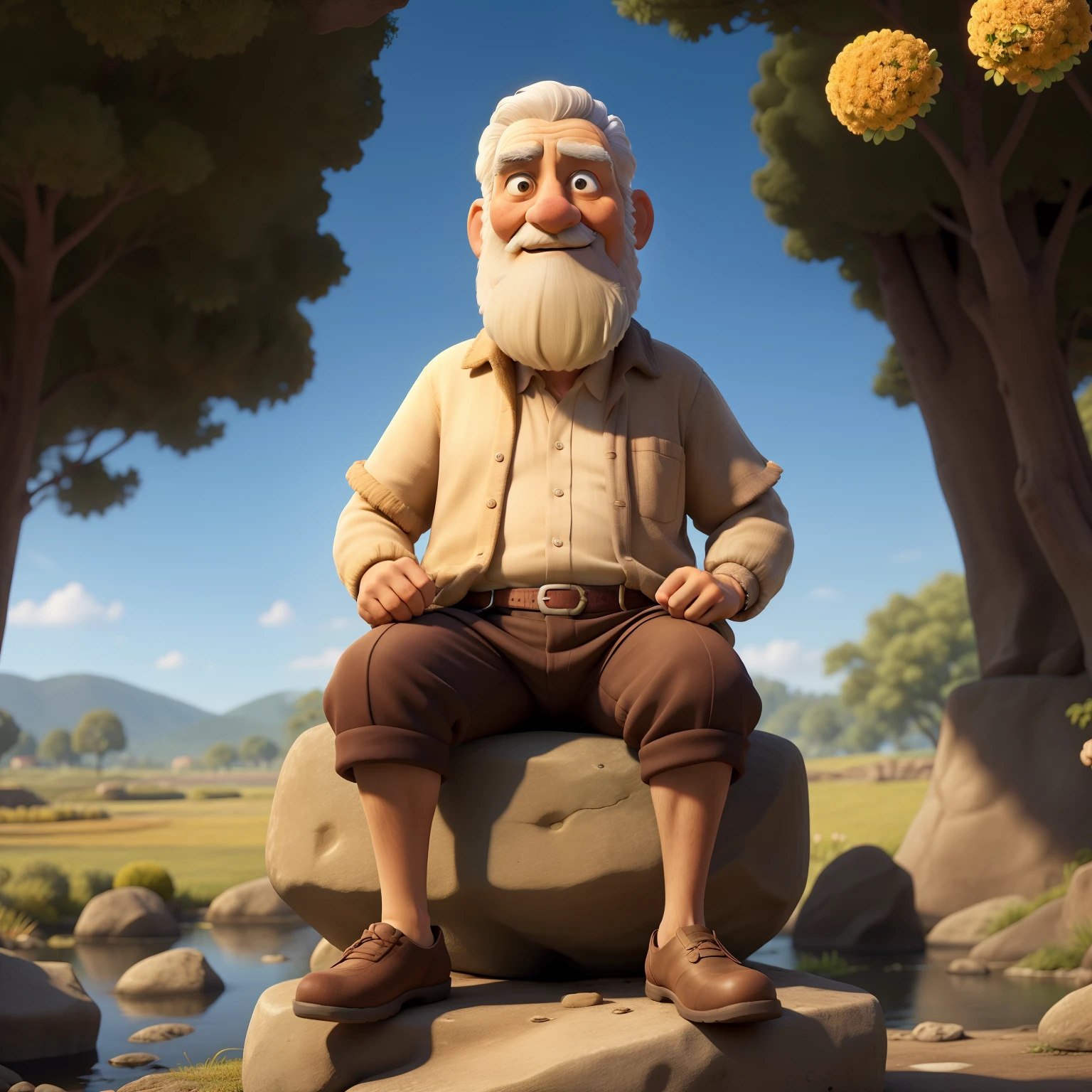 um campo florido e um riacho sereno ao fundo. King Solomon, a wise old man in ancient robes, is sitting on a rock, with a dreamy expression.