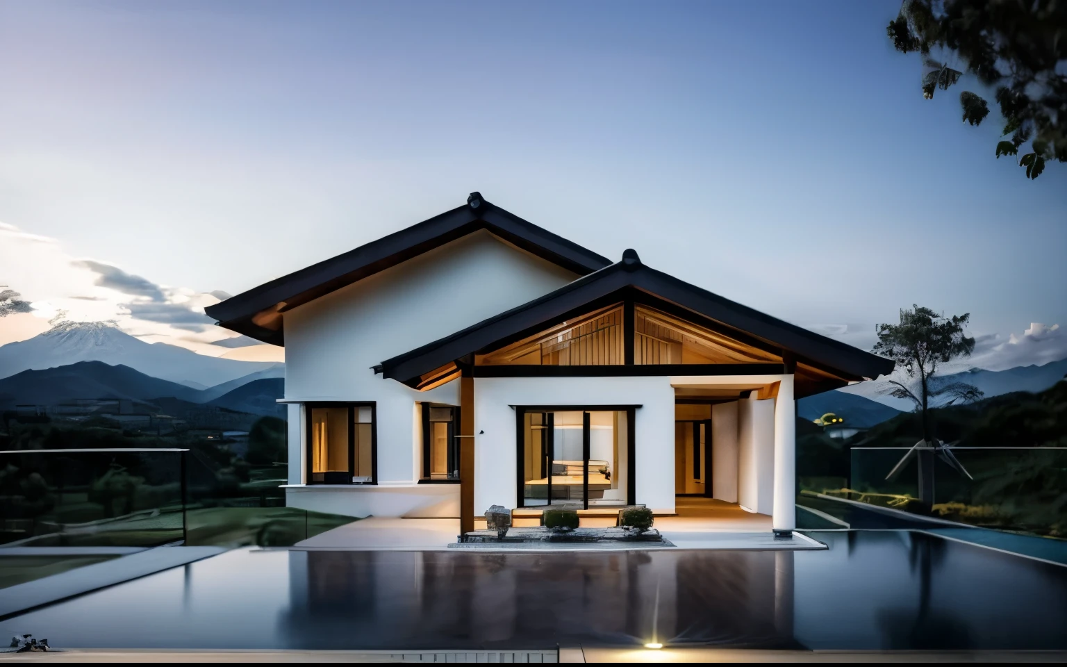 Architectural photography, (Japanese Style House), ((masterpiece, best quality))，8K, Vast hillside，Render renderings, Glass curtain wal，Modern villa, zhuai_rural architecture, Exterior of house, scenery, real world location, dramatic lighting, high quality outdoors, tree, cloud, morning sunlight, blue sky, high resolution, hyper realistic, highly detailed