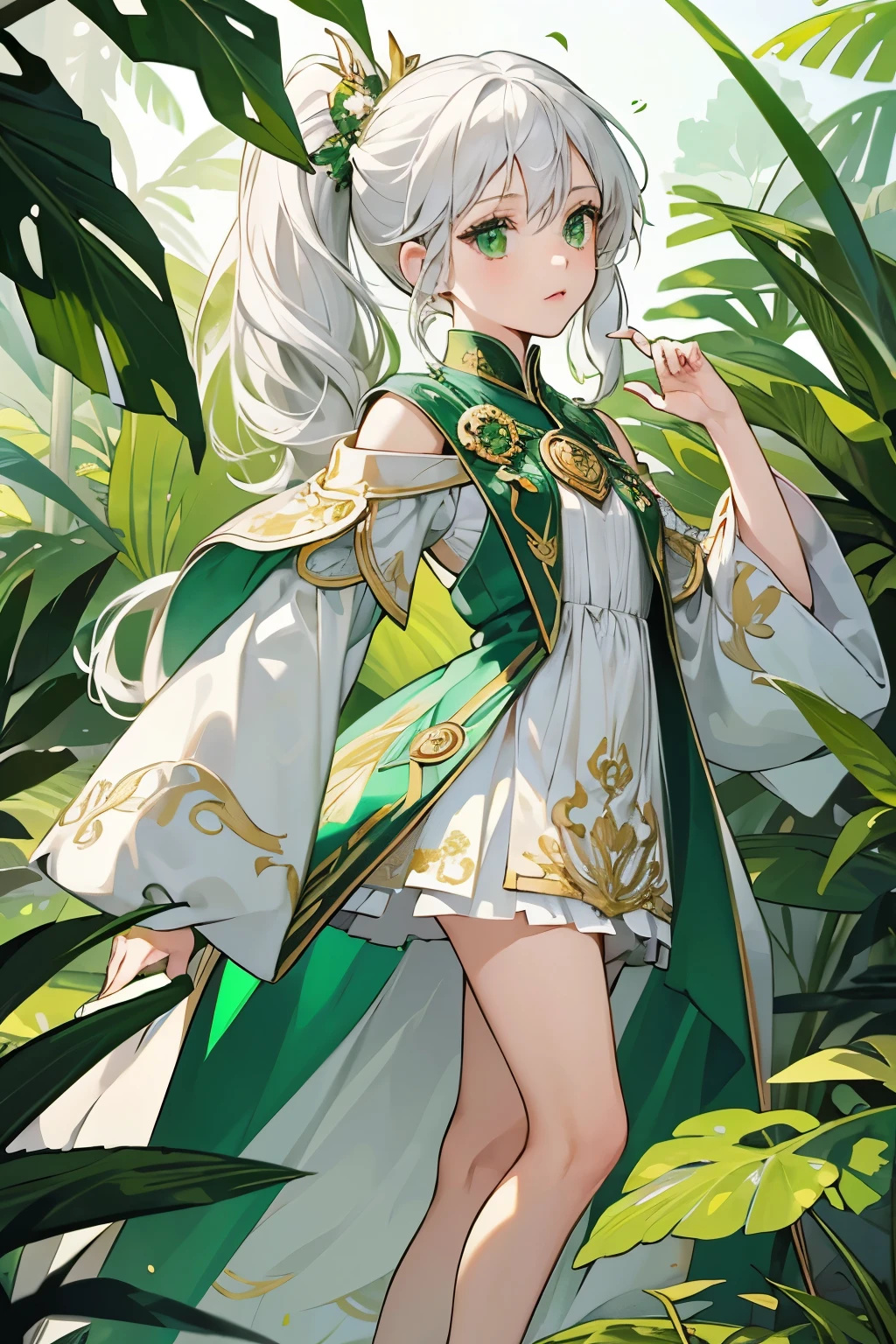 girl 10 years old, small in stature, fragile figure, Children's proportions, , white hair with green tips, side ponytail hairstyle, clothing dress in oriental style, white non-fitting triangular dress with gold vertical seams, the hem is decorated with brooches in the shape of green leaves, white carved cape on shoulders, on the chest there is a large brooch in the shape of a green heart, rings on feet, face - big green eyes, Rainforest background, grass
