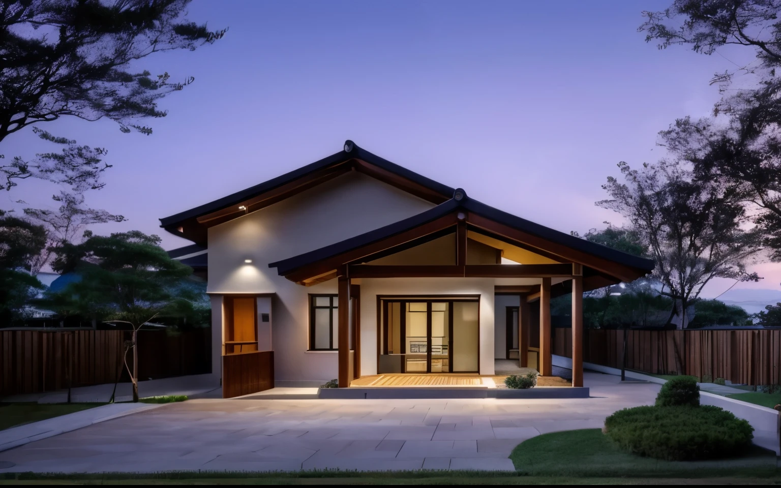 Architectural photography, (Japanese Style House), ((masterpiece, best quality))，8K, Render renderings, zhuai_rural architecture, Exterior of house, scenery, dramatic lighting, outdoors, tree, cloud, morning sunlight, blue sky, high resolution, hyper realistic, highly detailed