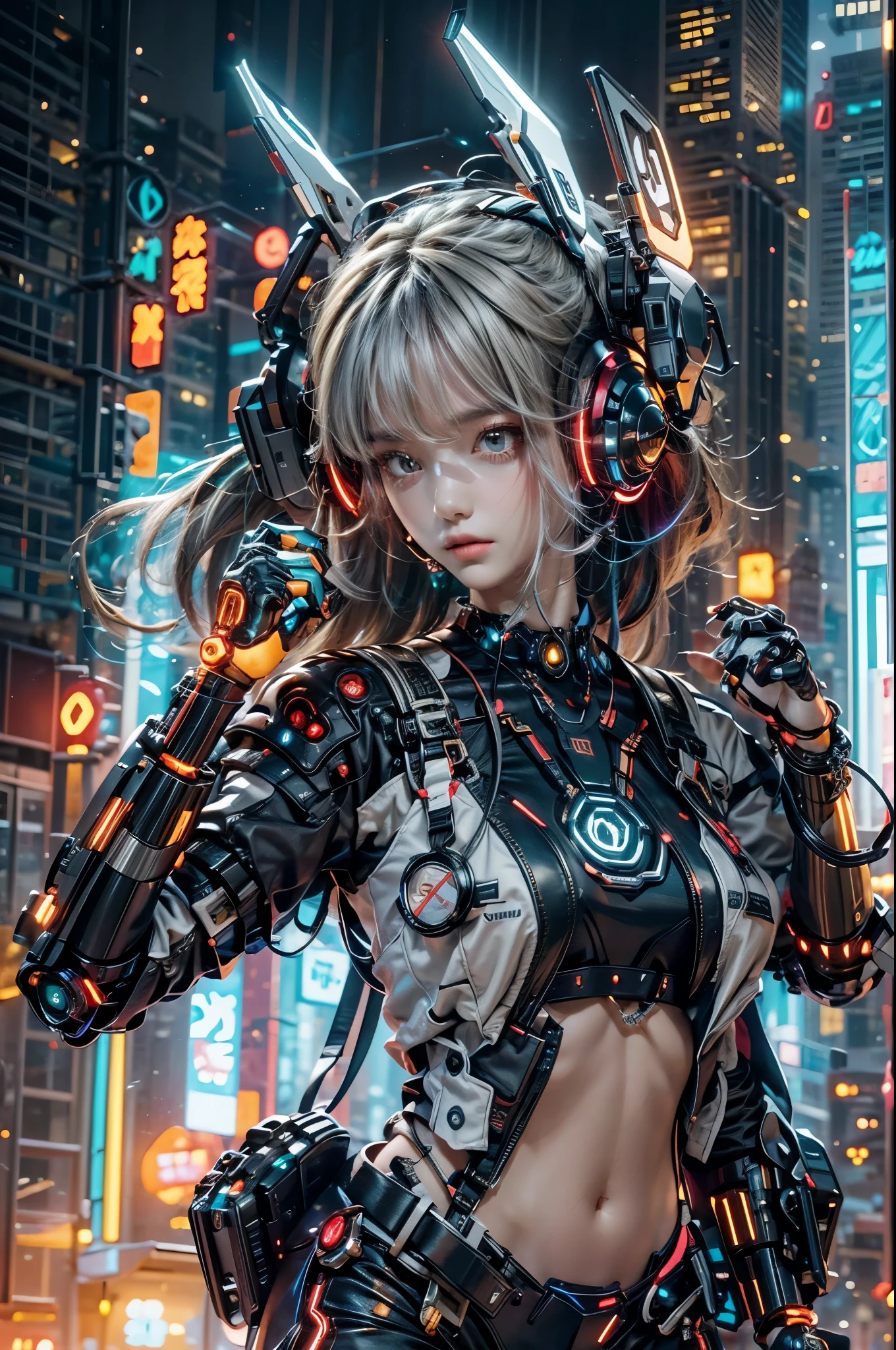 best quality，masterpiece，16K，1 girl,cyberpunk,Luminous headphones,Mechanical jewelry fragments,technical background,Frontal close-up,Pistol-like earpiece mechanical structure,multi-light headphones,Headphones with ultra-complex mechanical structure,Multi-light neck protection,Glows red,Weirdly shaped mechanical headphones,Super complex mechanical headphones,Mechanical armor,Multiple light source points throughout the body,city background,Multiple light source background,skyscrapers,night
