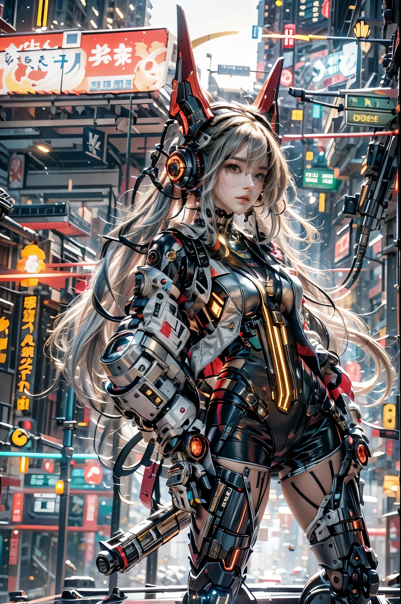 best quality,masterpiece,16K,1 girl,cyberpunk,Luminous headphones,Mechanical jewelry fragments,technical background,Frontal close-up,Pistol-like earpiece mechanical structure,multi-light headphones,Headphones with ultra-complex mechanical structure,Multi-light neck protection,Glows red,Weirdly shaped mechanical headphones,Super complex mechanical headphones,Mechanical armor,Multiple light source points throughout the body,city background,Multiple light source background,skyscrapers,night