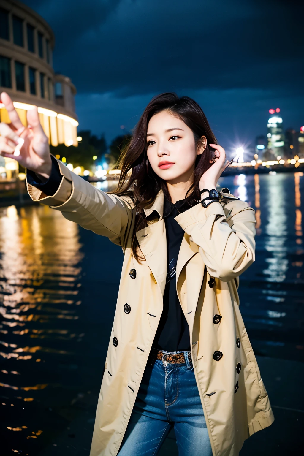 Top quality, one beautiful woman, 35mm lens, f/1,   Wearing wearing a trench coat and jeans, at midnight,  stillness of night, outdoors, Selfie