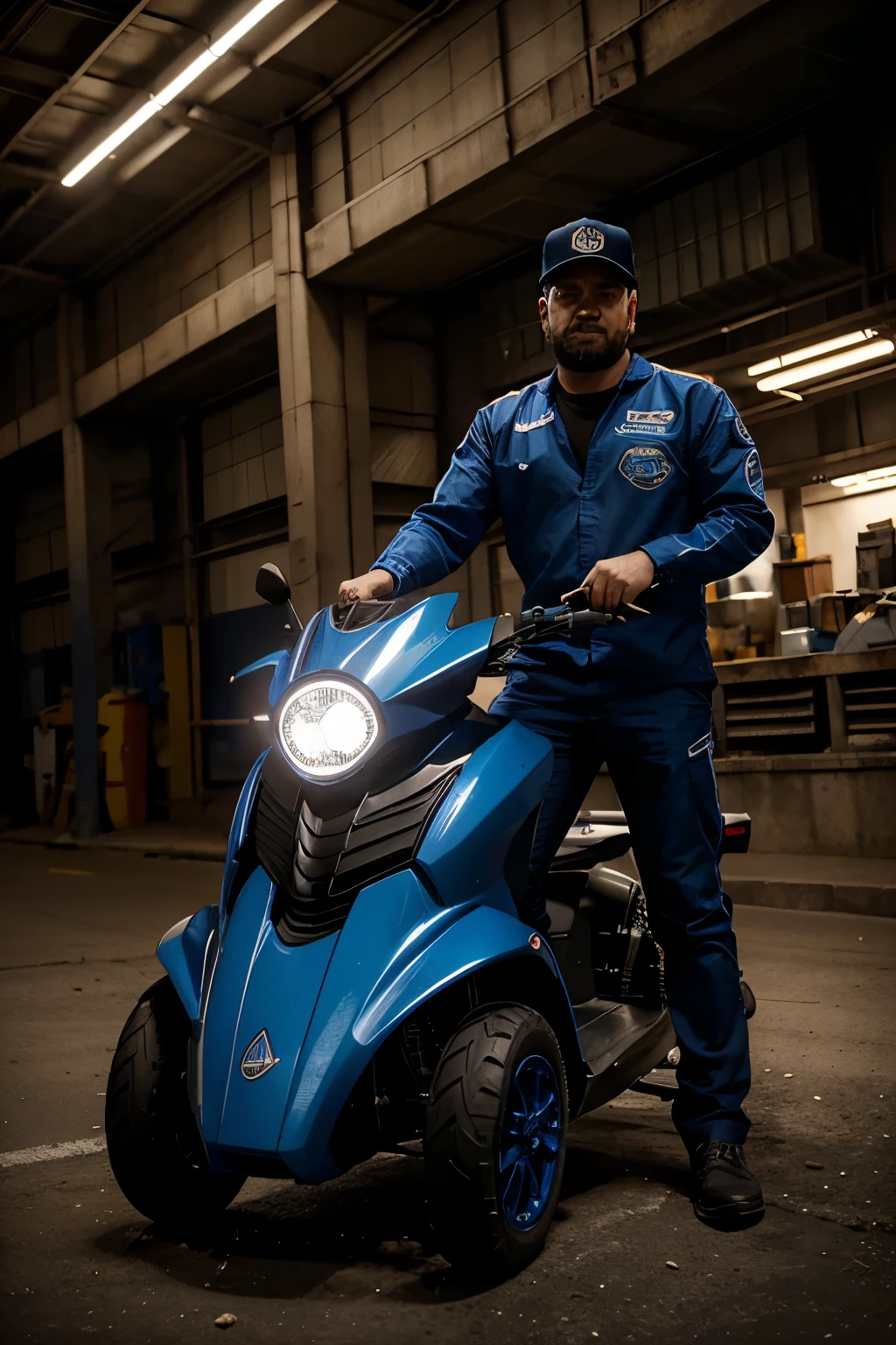 calidad 4k, personaje animado en caricatura, de un mecanico de vehiculos con su uniforme de mecanico, el azul oscuro con un logo bordado que diga JAL AUTOPARTS  masculino, con herramienta de trabajo en la mano derecha