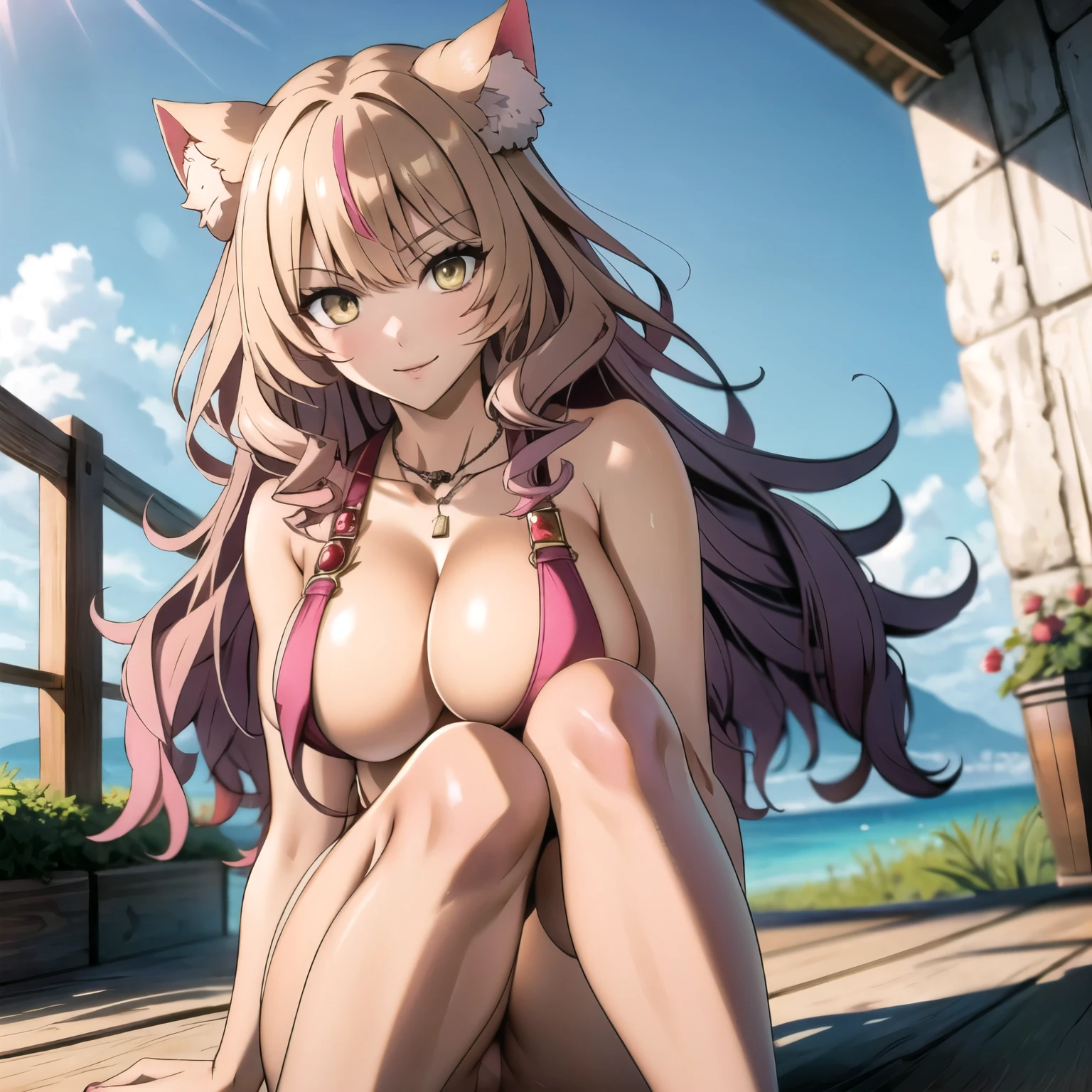 rubia. beautiful woman 27 years old cat ears, cabello rubio dorado puntas rosadas . yellow eyes like amber high quality. piel bronceada, brillante. sonrisa mostrando los dientes, rubor , pechos grandes desnudos, esta desnuda, de pie frente al espectador resaltando sus pechos, desnuda. mirada picara. imagen cuerpo completo desnuda