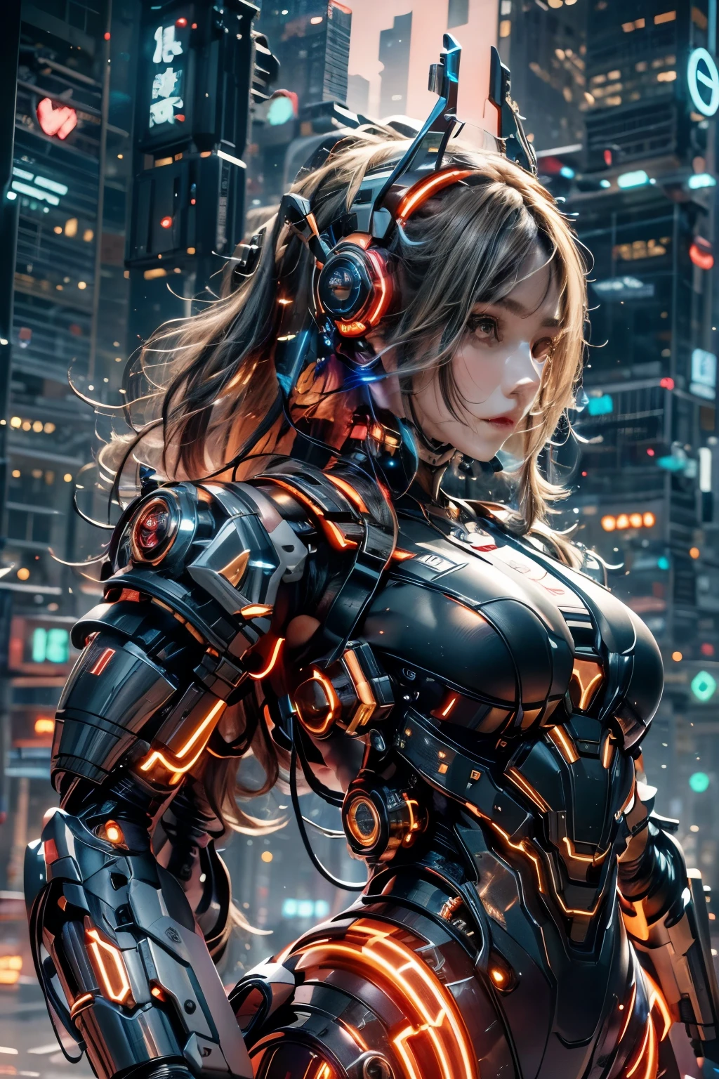 best quality，masterpiece，16K，1 girl,cyberpunk,Luminous headphones,Mechanical jewelry fragments,technical background,Frontal close-up,Pistol-like earpiece mechanical structure,multi-light headphones,Headphones with ultra-complex mechanical structure,Multi-light neck protection,Glows red,Weirdly shaped mechanical headphones,Super complex mechanical headphones,Mechanical armor,Multiple light source points throughout the body,city background,Multiple light source background,skyscrapers,night