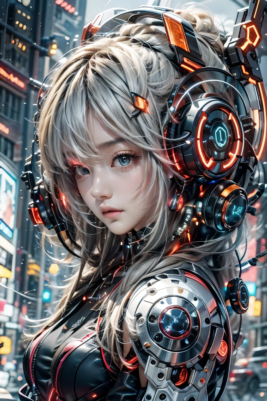 best quality，masterpiece，16K，1 girl,cyberpunk,Luminous headphones,Mechanical jewelry fragments,technical background,Frontal close-up,Pistol-like earpiece mechanical structure,multi-light headphones,Headphones with ultra-complex mechanical structure,Multi-light neck protection,Glows red,Weirdly shaped mechanical headphones,Super complex mechanical headphones,Mechanical armor,Multiple light source points throughout the body,city background,Multiple light source background,skyscrapers,night