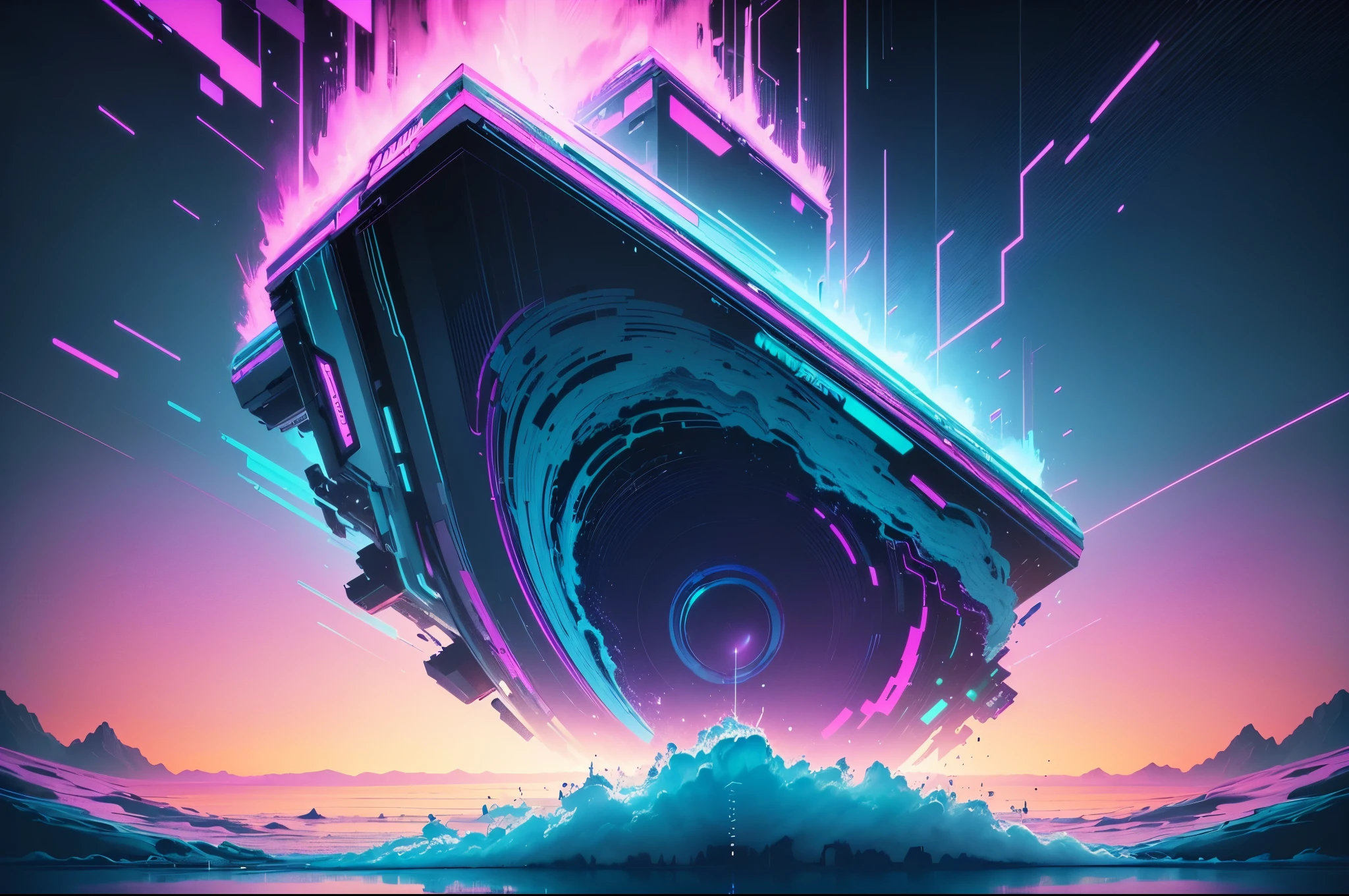 (best quality,4k,8k,highres,masterpiece:1.2),ultra-detailed, vapor wave aesthetic, ((floating, abstract, digital, glitch)), geometric shapes, thin lines, concepts, zoom out:1.4