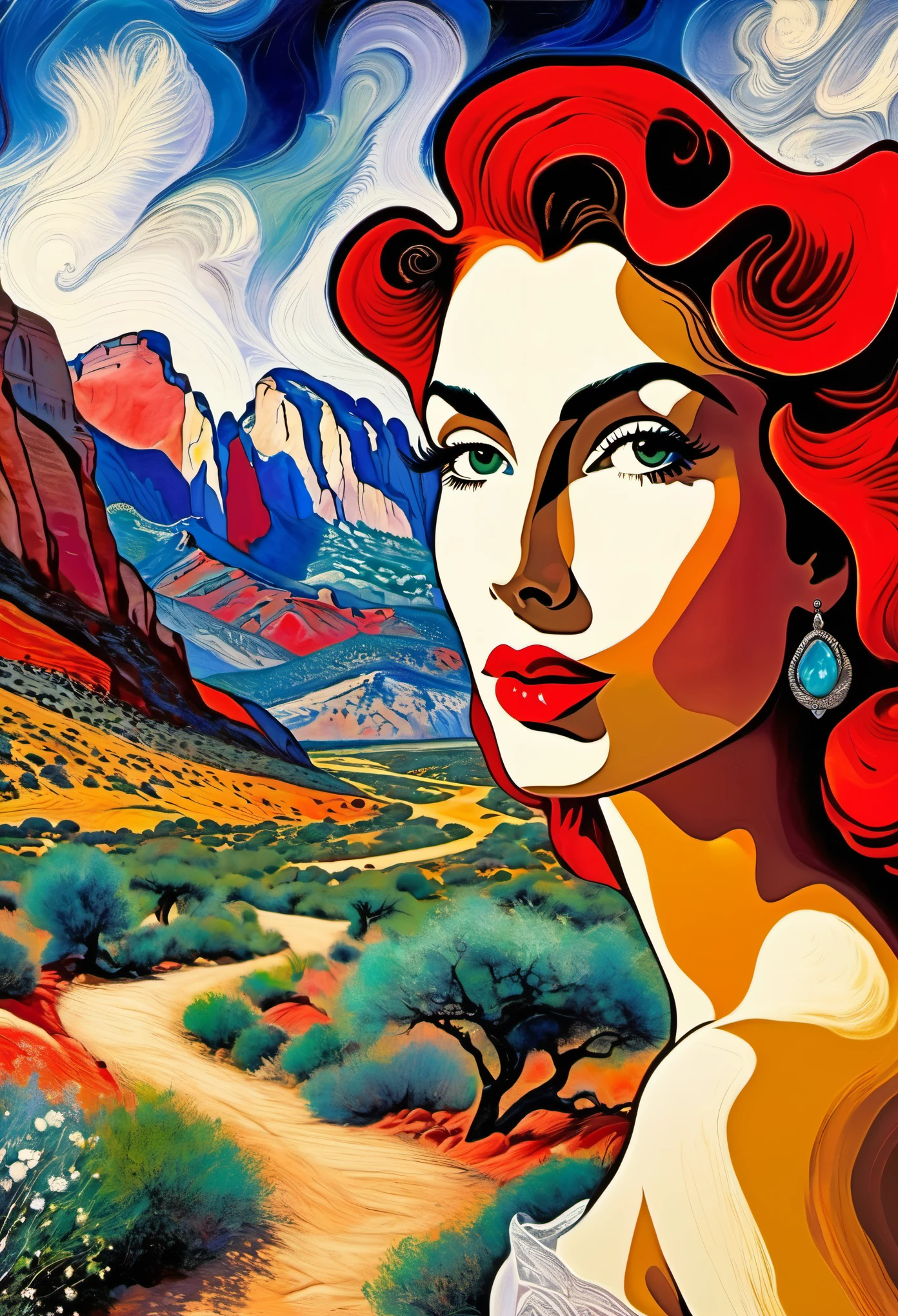  JoScriver beautiful woman hair , Doubly good,  Hiking trail in Zions National Park, full red lips, ,((Marc Chagall style)), magical naive art, primitivism, protogenes,((Best quality, masterpiece)),
(Higher detail), Impressionism:1.1, 8k