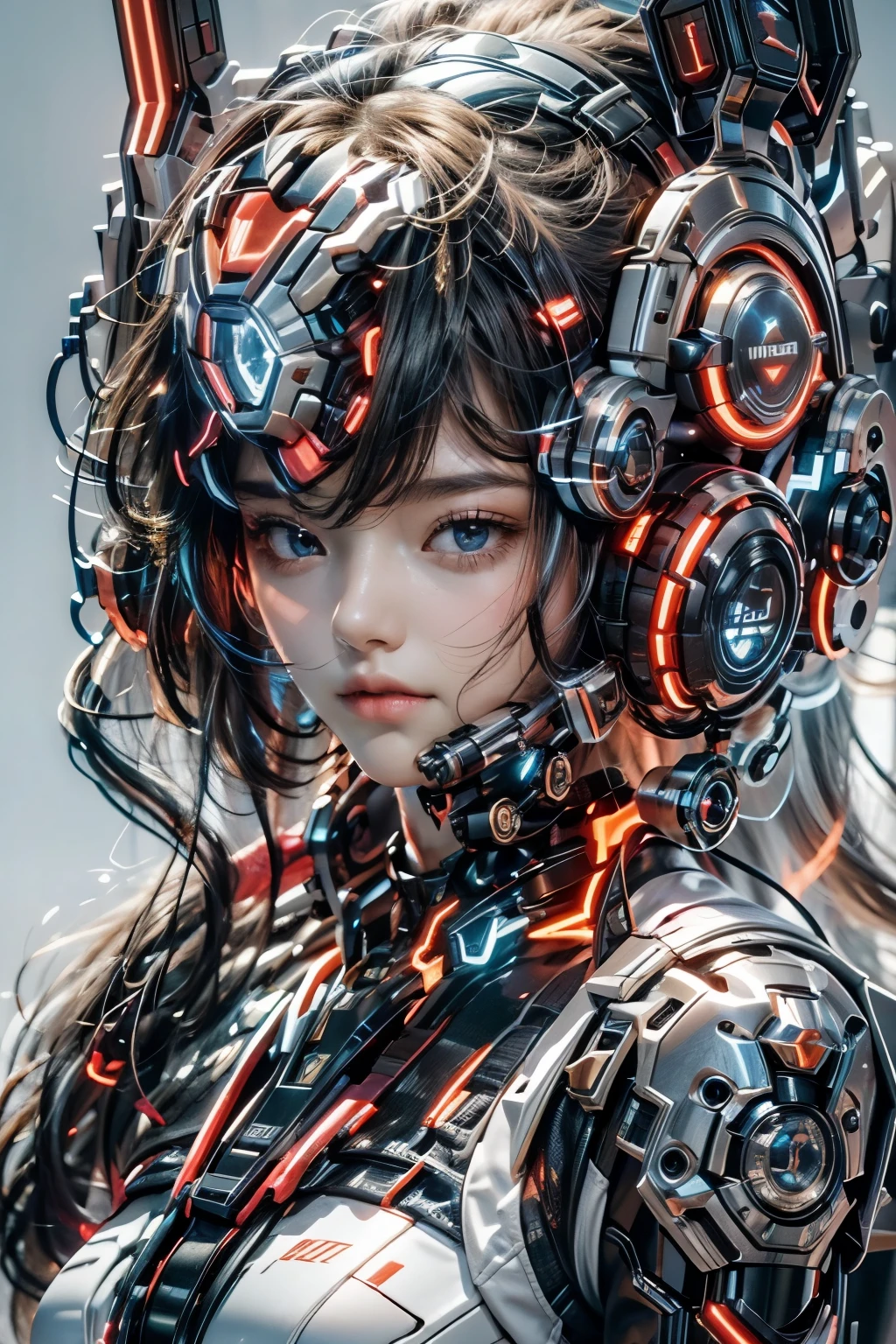 best quality,masterpiece,16K,1 girl,cyberpunk,Luminous headphones,Mechanical jewelry fragments,technical background,Frontal close-up,Pistol-like earpiece mechanical structure,multi-light headphones,Headphones with ultra-complex mechanical structure,Multi-light neck protection,Glows red,Weirdly shaped mechanical headphones,Super complex mechanical headphones,Mechanical armor,Multiple light source points throughout the body,city background,Multiple light source background,skyscrapers,night