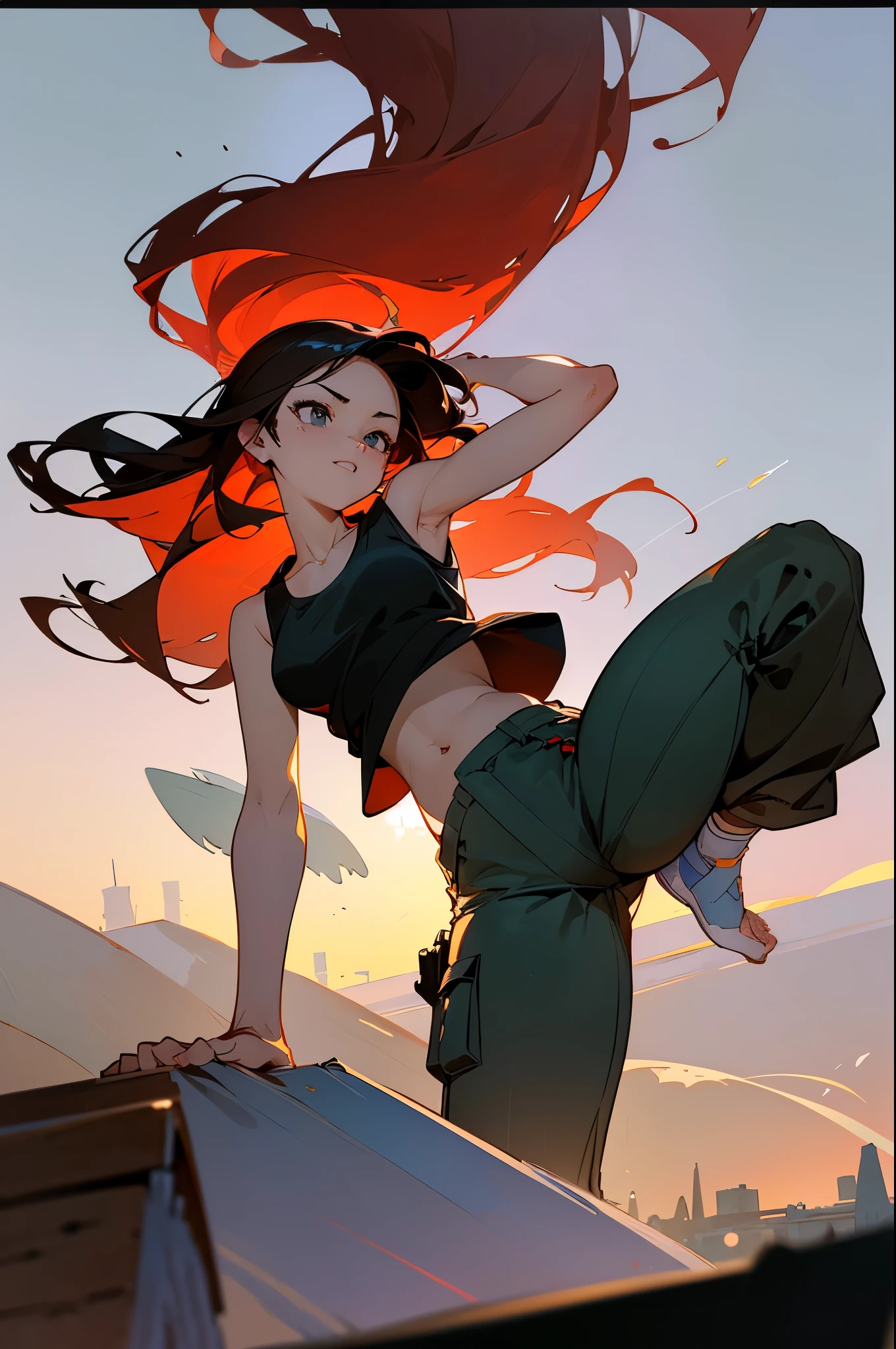 dance、Artistic jumps、break dance、Strenuous movements、Brick building、Meiji era architecture、western building、Brick、solo、Fluttering hair、Beautuful Women, a small face、de pele branca、17 age、Bright smile、(Gradient color of black red hair、midiam、disheveled long hair)、(Cargo pants、Tank Tops、White sneakerasuter piece:1.3)、(in 8K、top-quality: 1.4、​masterpiece、 The ultra -The high-definition、 Top resolution,、ighly detailed、 profetional lighting、 Gray Light Lighting、Low angle from below、Blowing steam into the landscape、Fog in the landscape、Foggy(Perfect beautiful right hand、Left arm、Beautiful fingertips、Thin fingertips、Refers to 4 books、Thumbs１)
