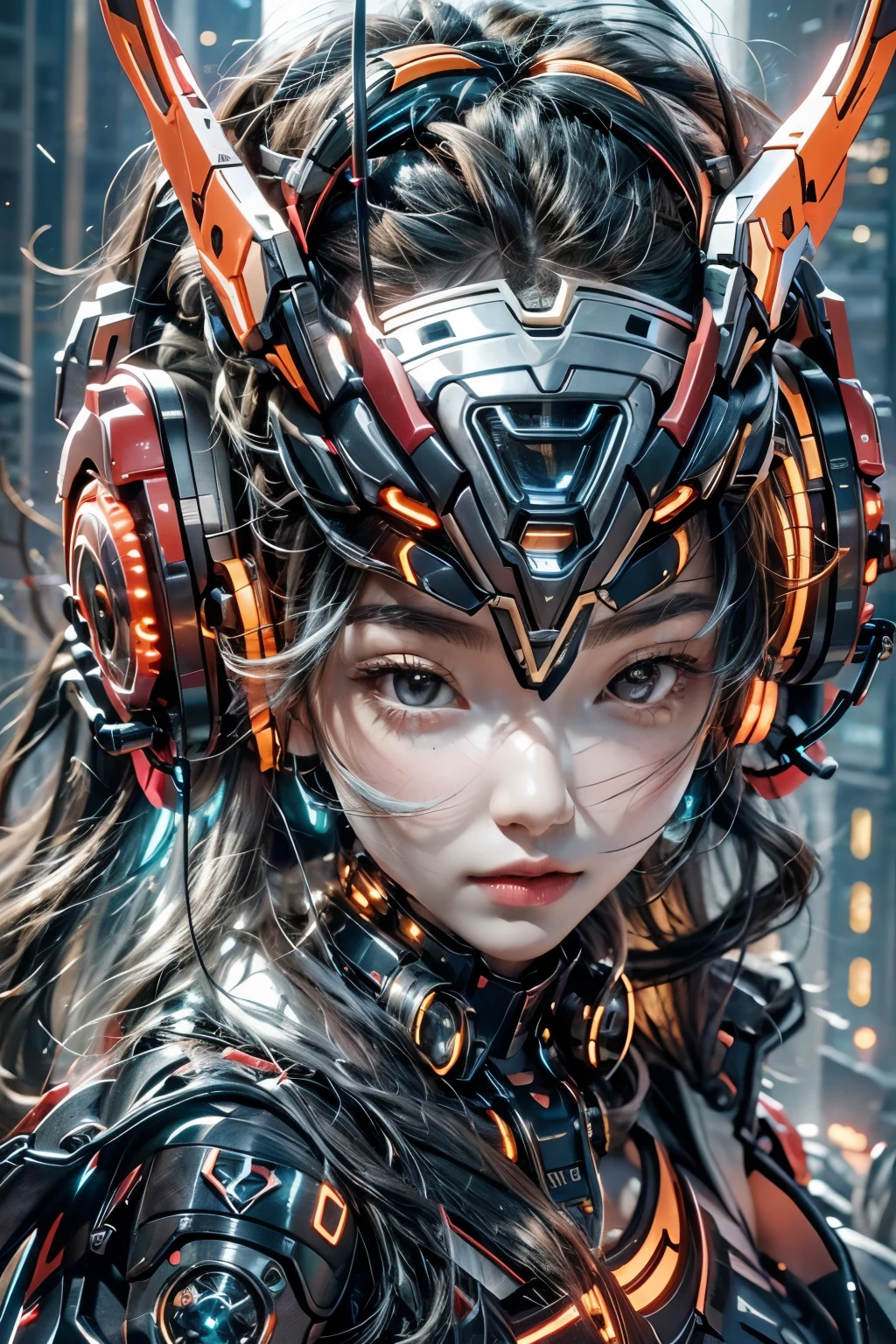 best quality，masterpiece，16K，1 girl,cyberpunk,Luminous headphones,Mechanical jewelry fragments,technical background,Frontal close-up,Pistol-like earpiece mechanical structure,multi-light headphones,Headphones with ultra-complex mechanical structure,Multi-light neck protection,Glows red,Weirdly shaped mechanical headphones,Super complex mechanical headphones,Mechanical armor,Multiple light source points throughout the body,city background,Multiple light source background,skyscrapers,night