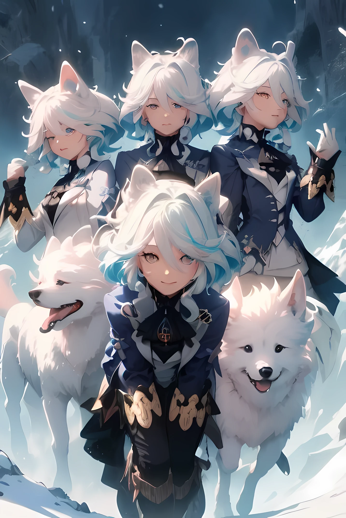 9. El personaje：Polaris y sus perros samoyedos esquiaron y volaron por la nieve。 apariencia：Cabello azul claro hasta los hombros，pupilas azul oscuro，Viste un atuendo azul，Mixed with a little warm pink。Los perros samoyedo tienen pelaje blanco.。 naturaleza：Animado y acogedor，helpful。 Aficiones：Photograph of，esquiar，Patinaje，hielo - talla。 escena：Polaris y su grupo de perros samoyedos esquiaron y volaron por la nieve。Los perros corren por la nieve con trineos.，Polaris could&#39;No mantengas la boca cerrada con una sonrisa..，Feel joy and 。