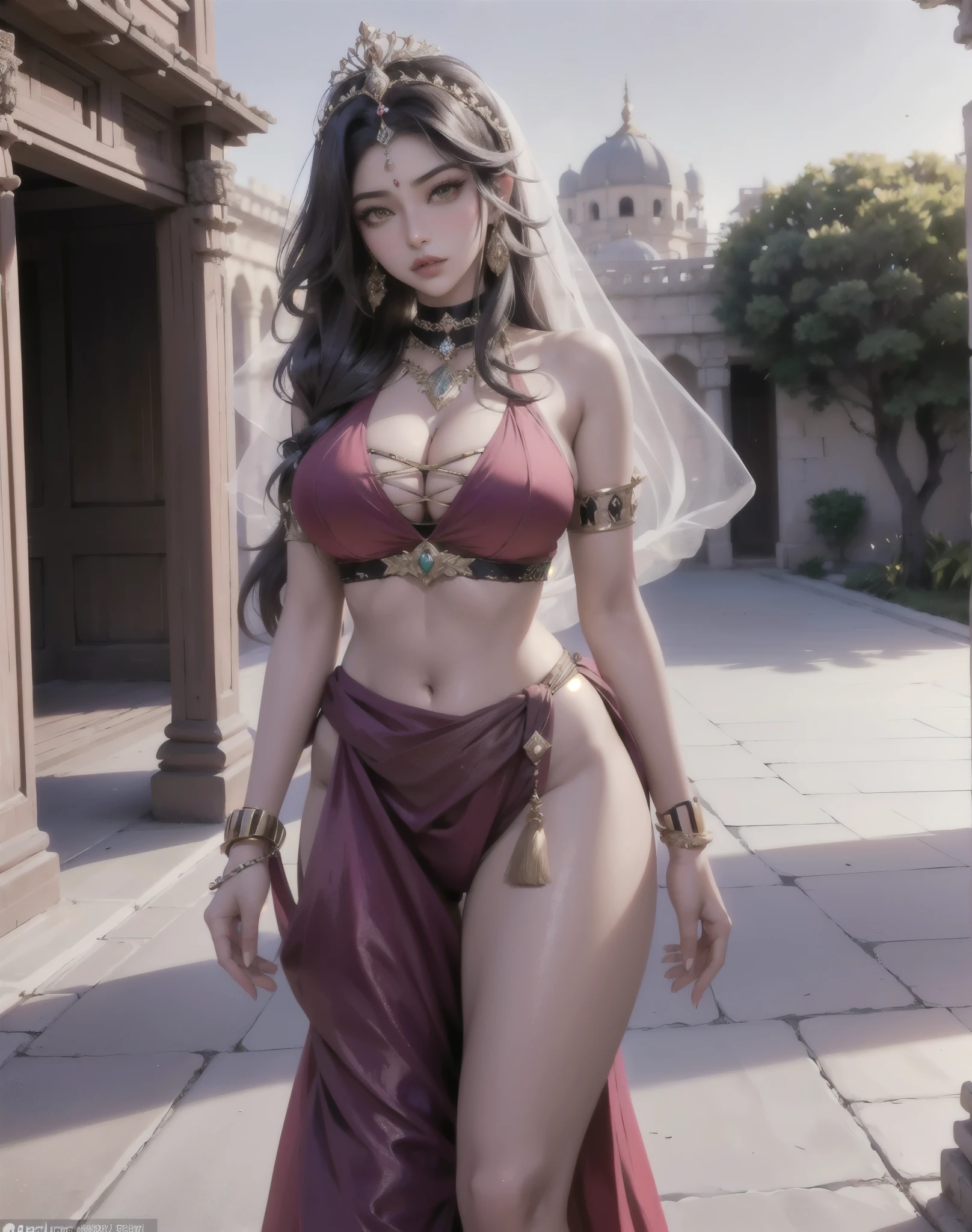 Mia Khalifa as a Beautiful photorealistic busty Indian princess, goddess beauty, Nikke, perfect hands perfect fingers perfect breasts perfect shape thick lips wide hips perfect angle professional quality highly detailed octane render ray tracing volumetric lighting hyperrealism realistic facial features perfect skin, Indian bride, beautiful bride, Indian queen beauty, sexy, hentai, eechi, traditional Indian bride outfit, cleavage, big breasts, hentai, dark skin Indian woman, bimbo lips, fancy dress with cleavage, sexy hair sexy body ripped fit, in a beautiful ancient city, standing in front of a palace, perfect view