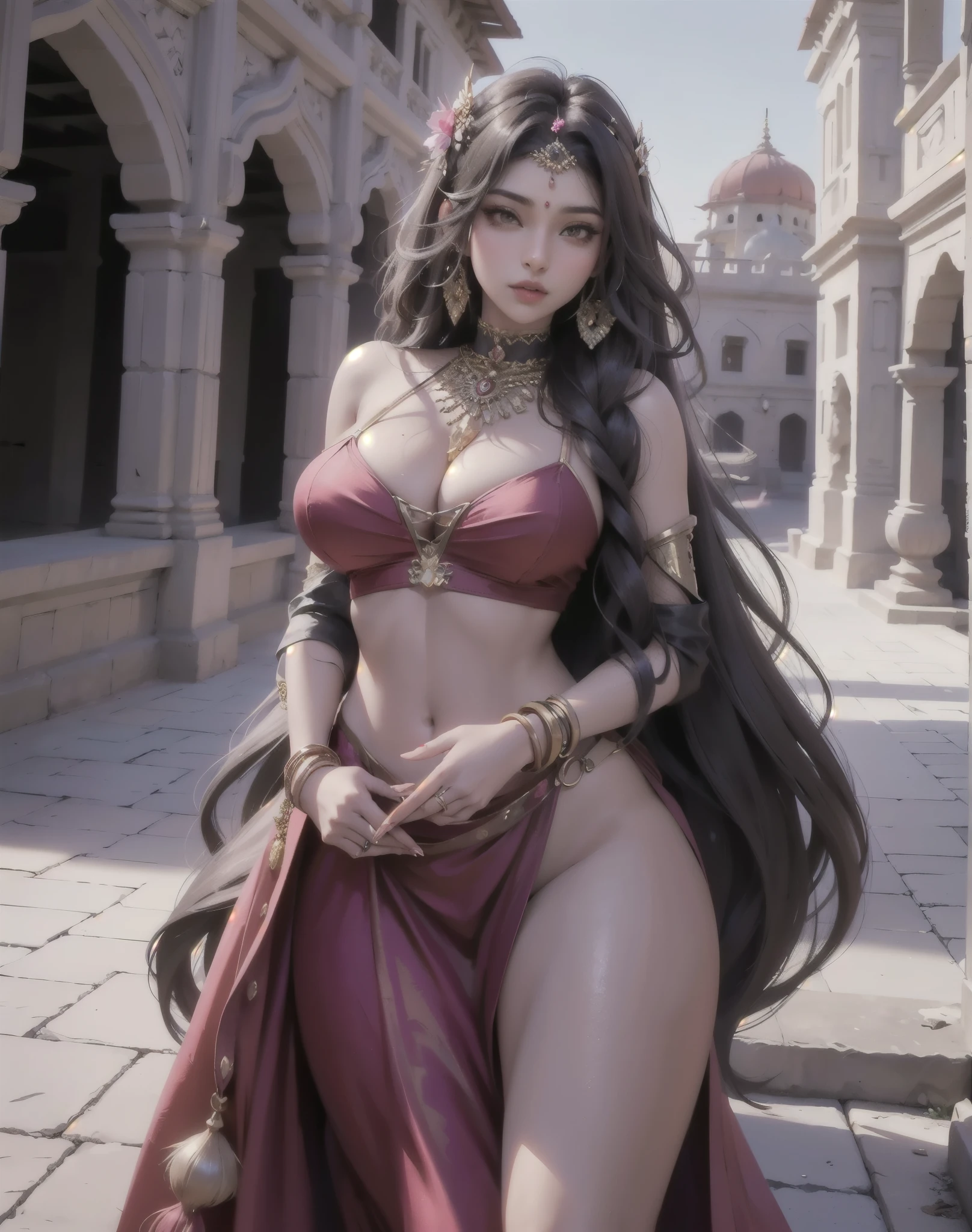 Mia Khalifa as a Beautiful photorealistic busty Indian princess, goddess beauty, Nikke, perfect hands perfect fingers perfect breasts perfect shape thick lips wide hips perfect angle professional quality highly detailed octane render ray tracing volumetric lighting hyperrealism realistic facial features perfect skin, Indian bride, beautiful bride, Indian queen beauty, sexy, hentai, eechi, traditional Indian bride outfit, cleavage, big breasts, hentai, dark skin Indian woman, bimbo lips, fancy dress with cleavage, sexy hair sexy body ripped fit, in a beautiful ancient city, standing in front of a palace, perfect view