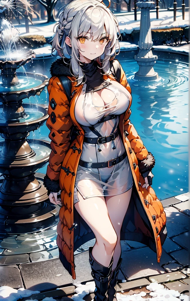 (3D Animation:1.3),(Realistic raw photos),(((In front of the fountain in the snowy park:1.3))),cute and beautiful adult woman,Cute round face,Cute smile,(((orange short duffel coat:1.3))),(white off-shoulder sweater),Jeans pants,Knitted hats,muffler,gloves,long boots,(silver white hair,Floral braided headband,half up、Floral Braided Space Van,Voluminous Fishtail Braids,Twisted chignon,),(Bangs are see-through bangs),(((Emphasize large breasts:1.3))),breast slip,detailed clothes features,Detailed hair features,detailed facial features,(Dynamic angles),(Dynamic and sexy poses),profetional lighting,Cinematic Light,(masutepiece,top-quality,Ultra-high resolution output image,) ,(The 8k quality,),(Sea Art 2 Mode:1.3),(Image Mode Ultra HD,)