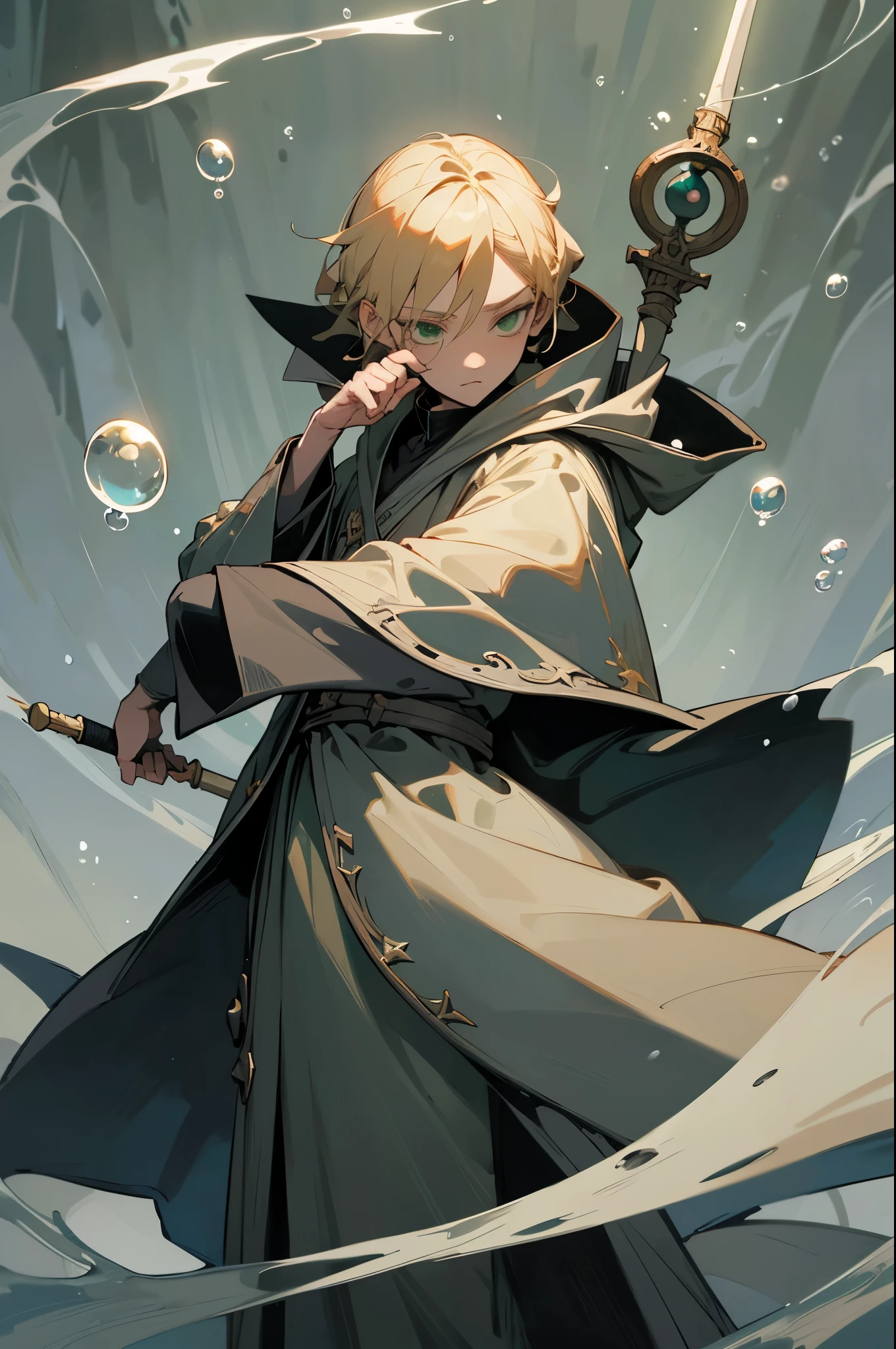 tarot card, rudeus_greyrat, green eyes, blonde hair, (gray robes, gray cape, gray jacket), white long sleeves, magician, mage, standing, (holding magic staff), (casting magic, water bending, water bubbles, using abilities), forest, upper body, ((masterpiece)), high detailed illustration, high detailed background, hi-res
