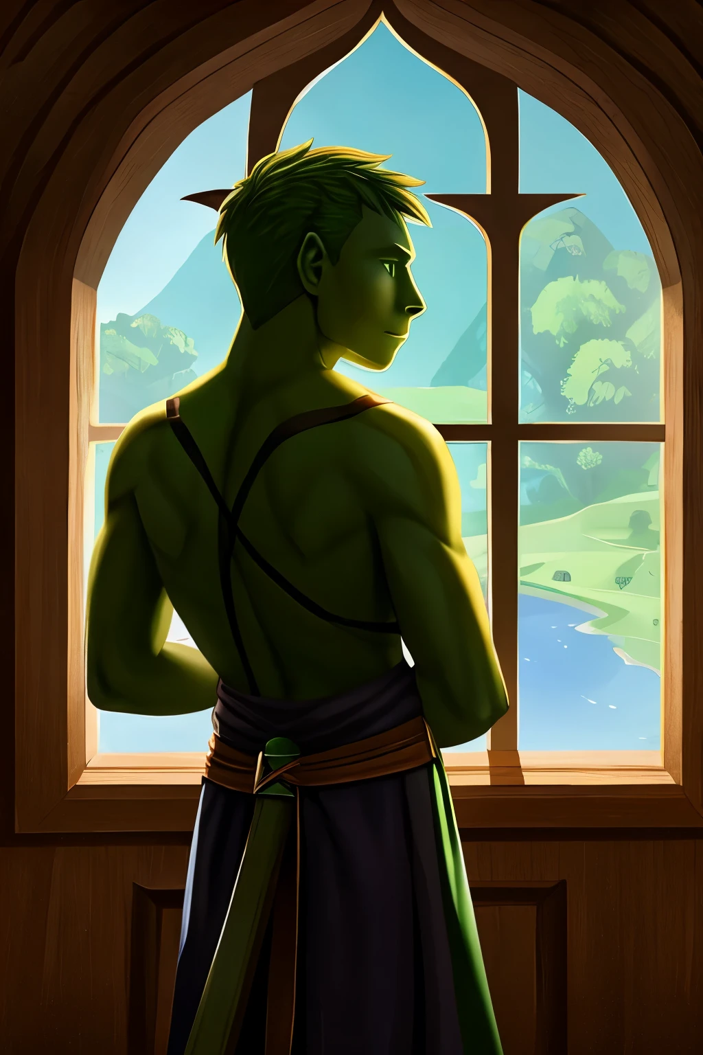 Create an image of the green archer, with his back to a window, with his scarred back inside a monastery